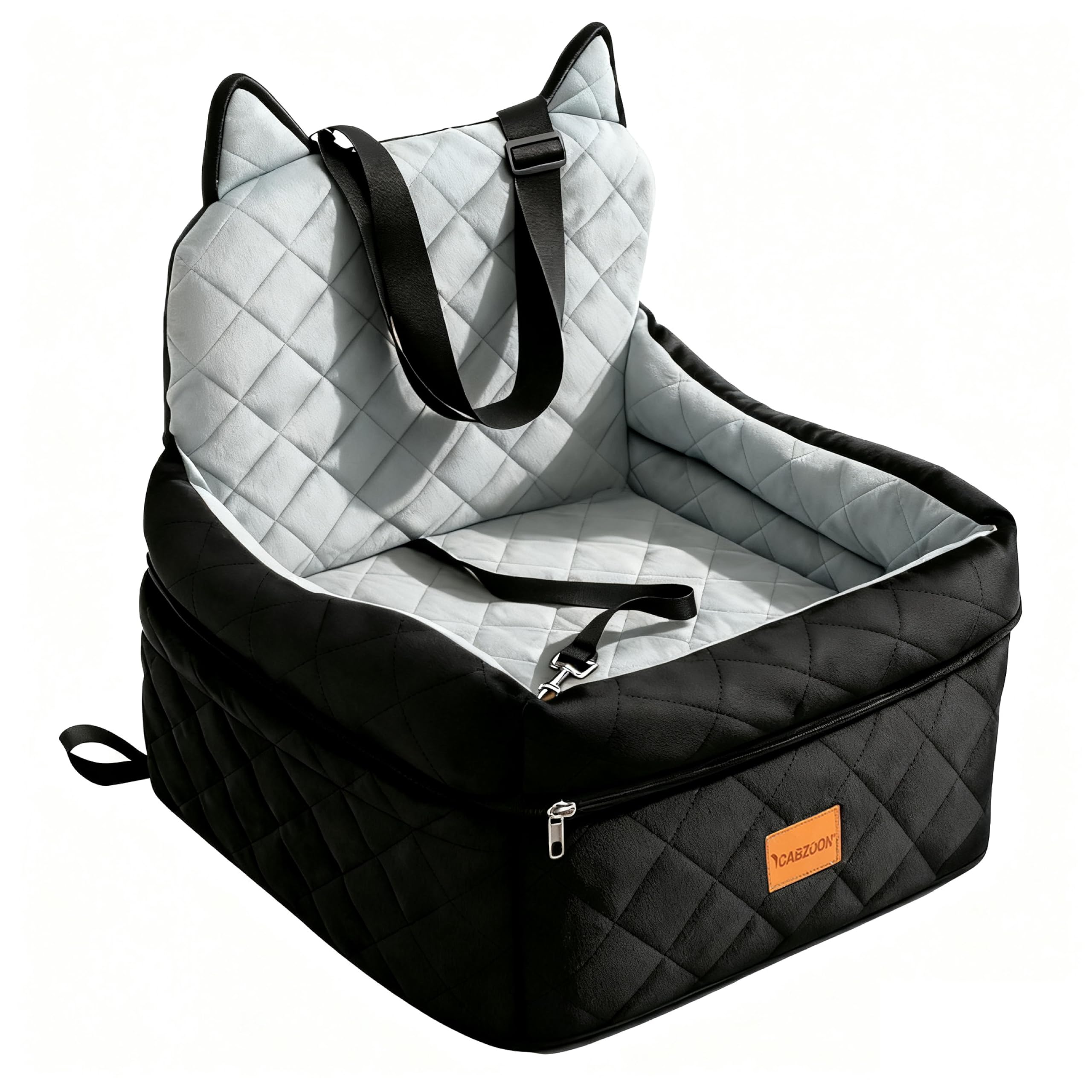 Dog Car Seat for Small/Medium Dogs Up to 35lbs,Elevated Cushion Fits in Front/Back Seat,Travel Safety Per Car Bed with Washable Removable Cover, Storage 2 Pockets Black-Grey