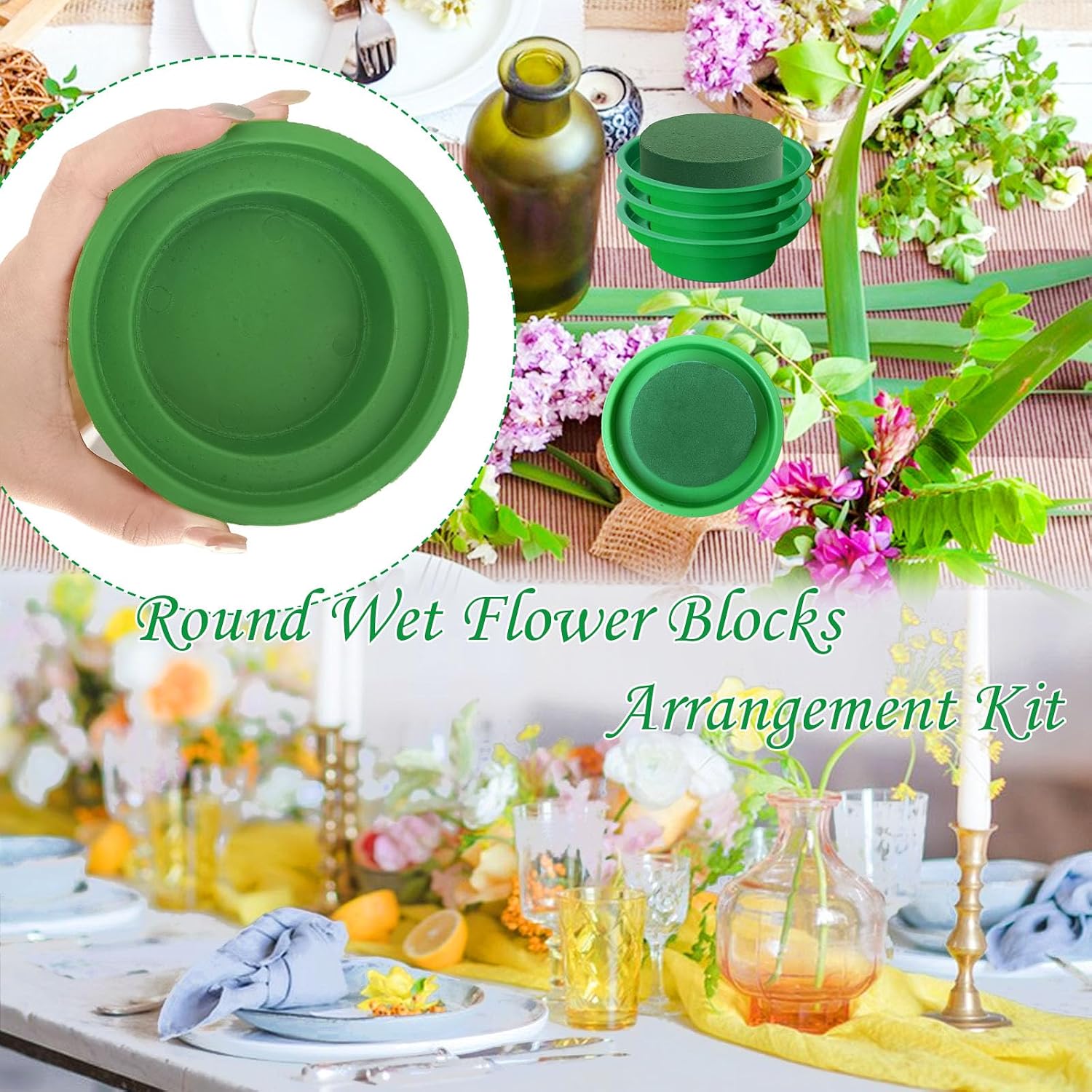 6 Pack 4.7 Inch Floral Foam with Bowl,Round Wet Flower Blocks Arrangement Kit for Fresh Artificial Flowers,Forist Supplies,Wedding Birthday Centerpieces Party Decoration Green