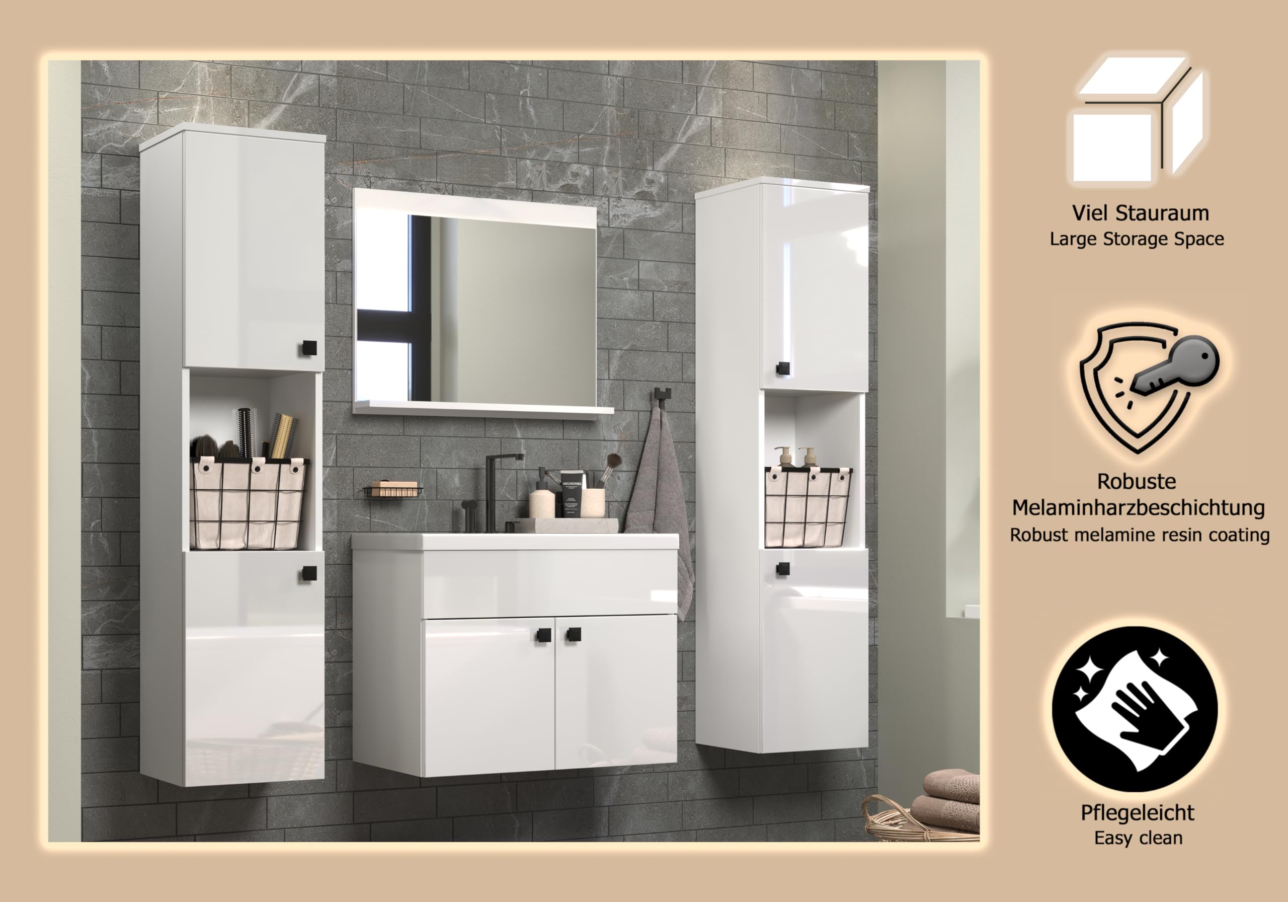 trendteam smart living Haven Badmöbel-Set Weiß/Weiß Hochglanz Lackiert 142 x 133 x 40 cm Waschbeckenschrank Hängend Inklusive Keramik-Einsatzwaschbecken 2 Hochschränke 1 Spiegel