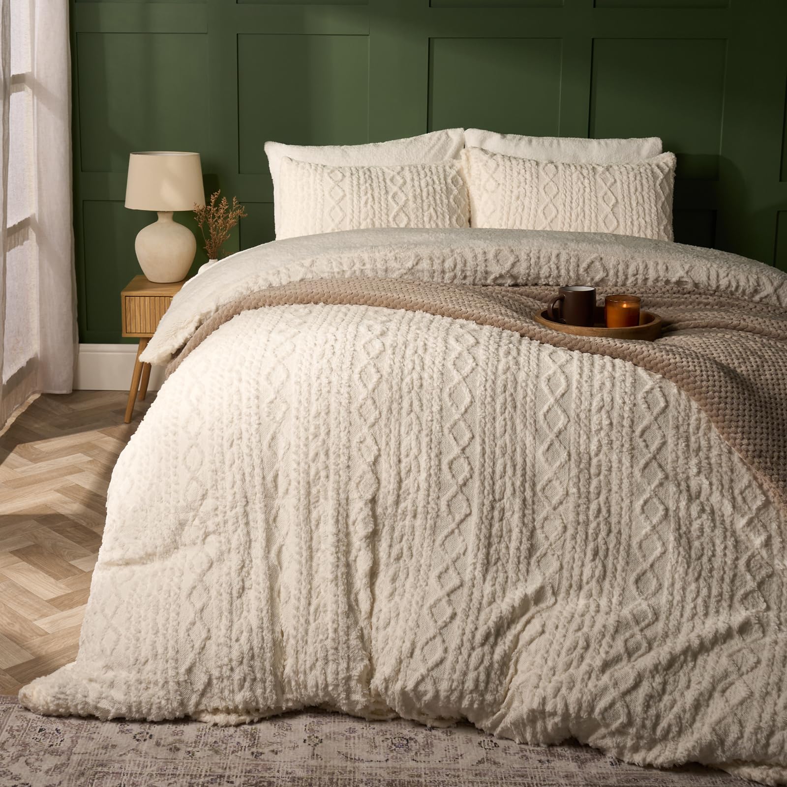 OHS Double Cream Cable Knit Fleece Sherpa Duvet Cover Set - Warm Reversible Bedding