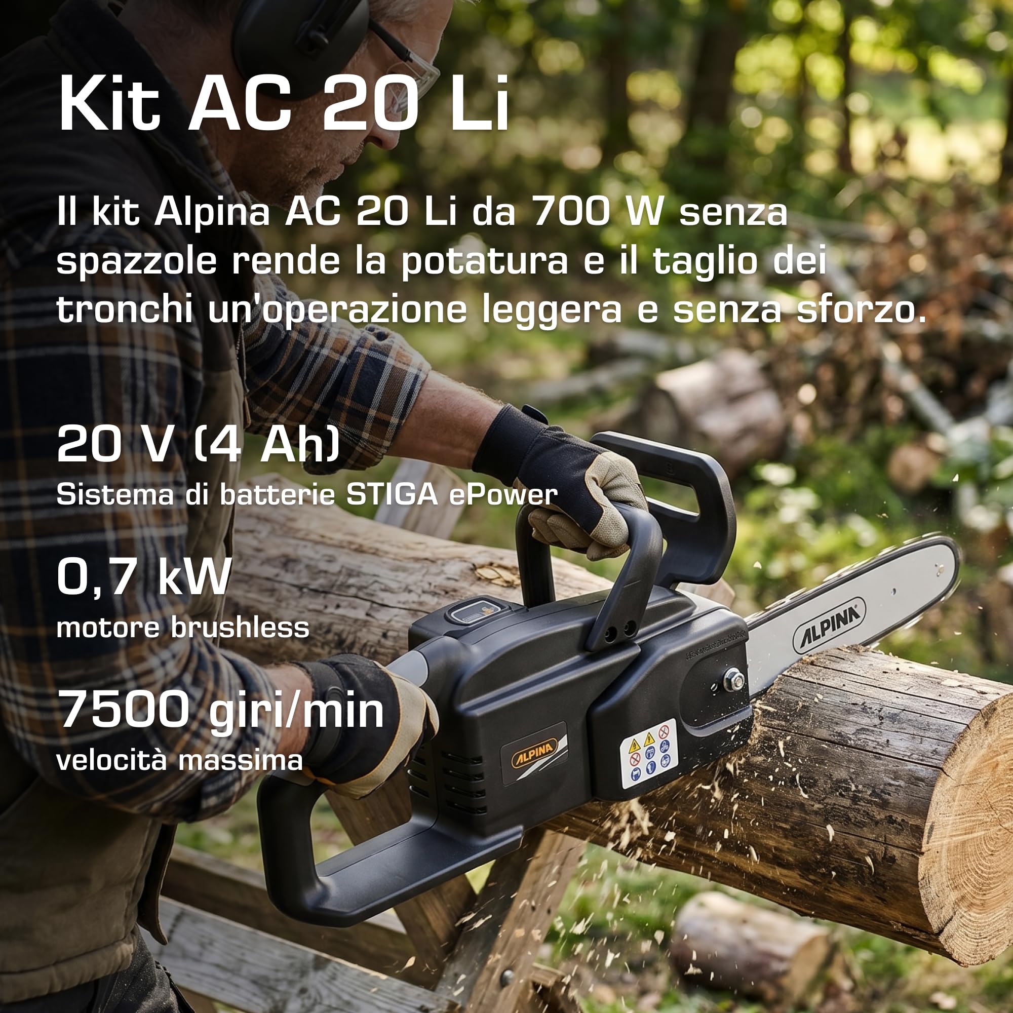 Alpina AC 20 Li Kit Motosega a Batteria, 700 W, 25 cm – 1 Batt. 4 Ah + Caric., Protezione Punta – Potatura e Taglio Legna