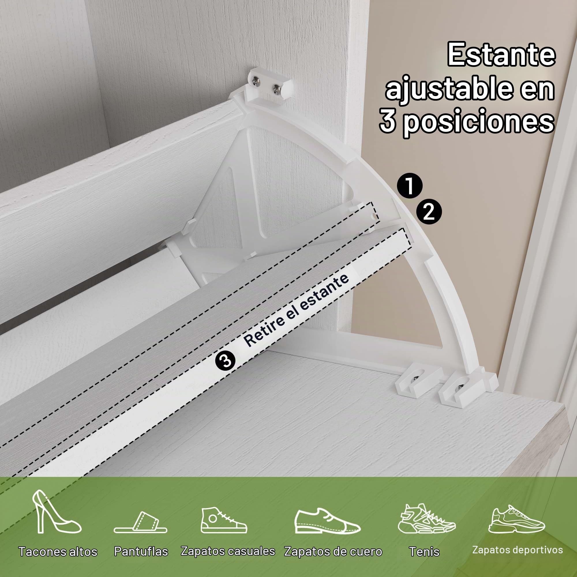 Zapatero Estrecho de Madera - Zapatero Volcable con 2 Puertas y 1 Cajón - Decoración con Patrón Ondulado - con Manijas Metálicas - Ideal para Entrada, Pasillo y Recibidor - Blanco & Gris