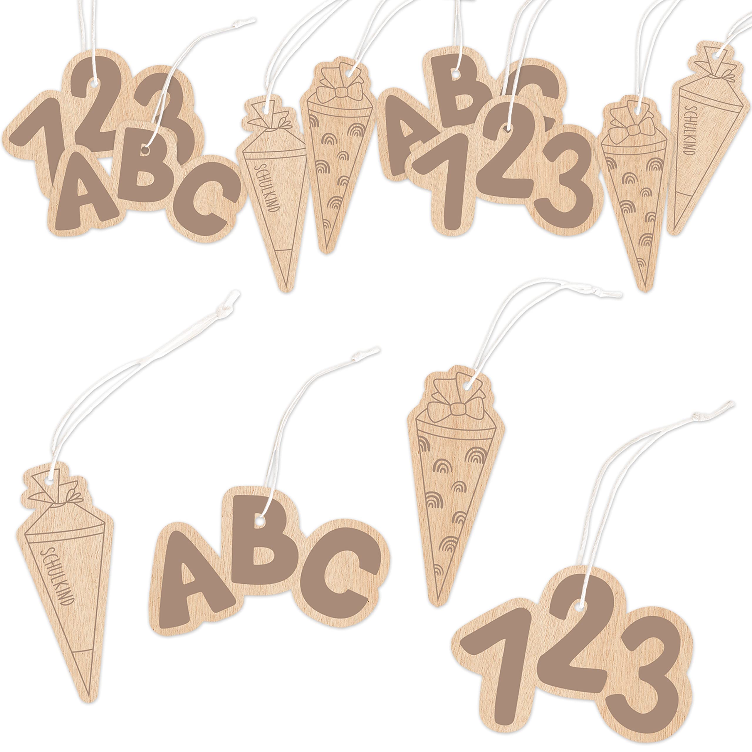 Papierdrachen 12 Wooden Pendants with Engraving on the Theme of School