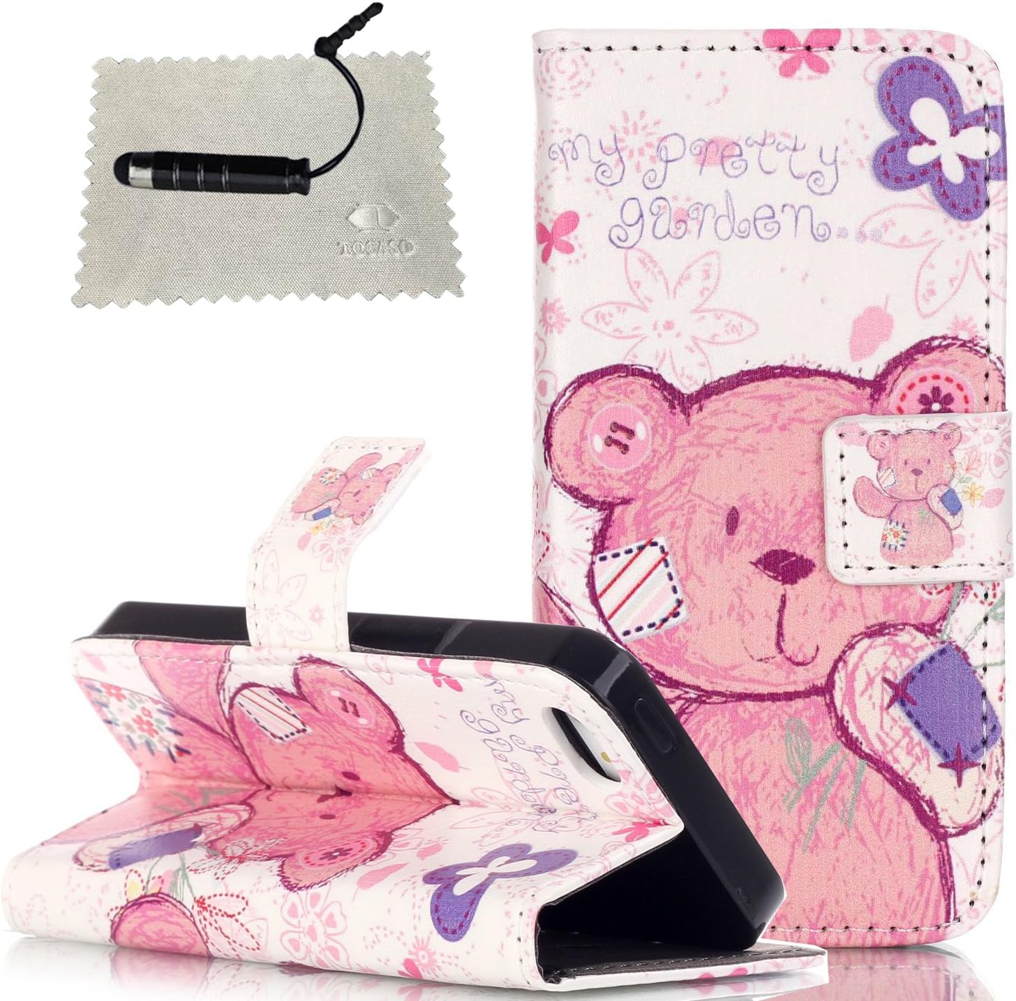 TOCASO iPhone 5C Case Pink,iPhone 5C Case for Girls,iPhone 5C Flip Cover, Book Style Slim Bear Doll Pattern PU Leather Wallet Case Soft Silicone Inner Back Cover Holster Protective Case for iPhone 5C