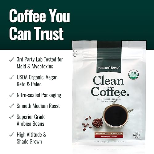 Miniatura 3 de Natural Force - Organic Clean Coffee Classic, Mold & Mycotoxin Free, Lab Tested for Toxins & Purity, Low Acidity, Incredible Taste & Aroma, Whole