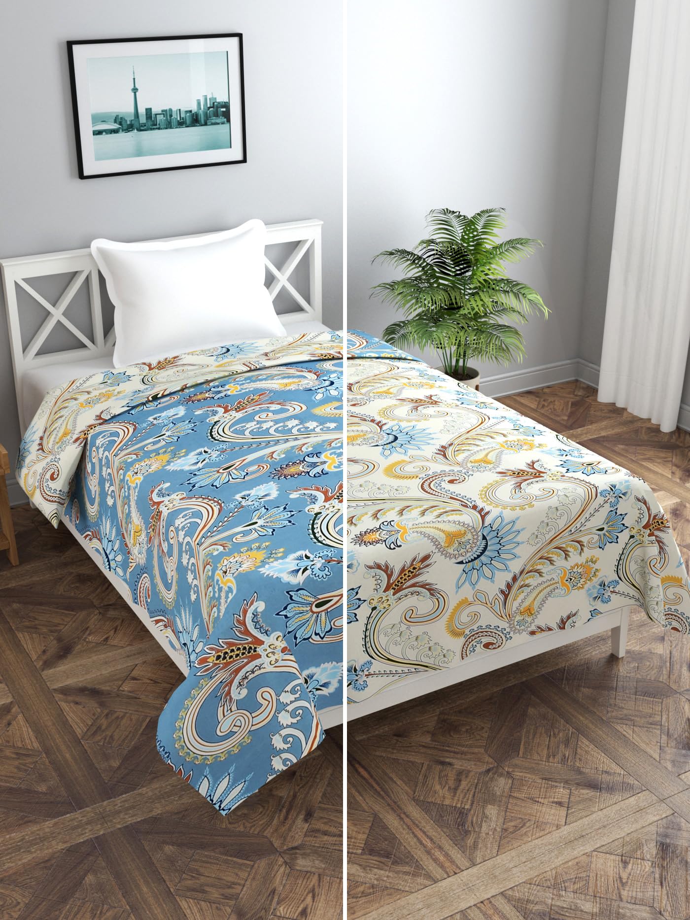 MORADO Glace Cotton 210 TC Singlee Bed Reversible Quilt Cover/Duvet Cover/Rajai Cover/Blanket Cover with Zipper (60x90 Inches, Blue & White)-image-28