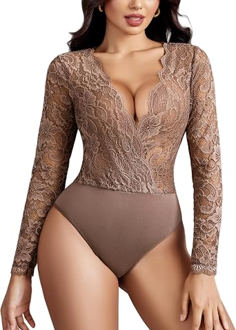 Avidlove Lace Bodysuit for Women Sexy Long Sleeve V Neck Going Out Tops
