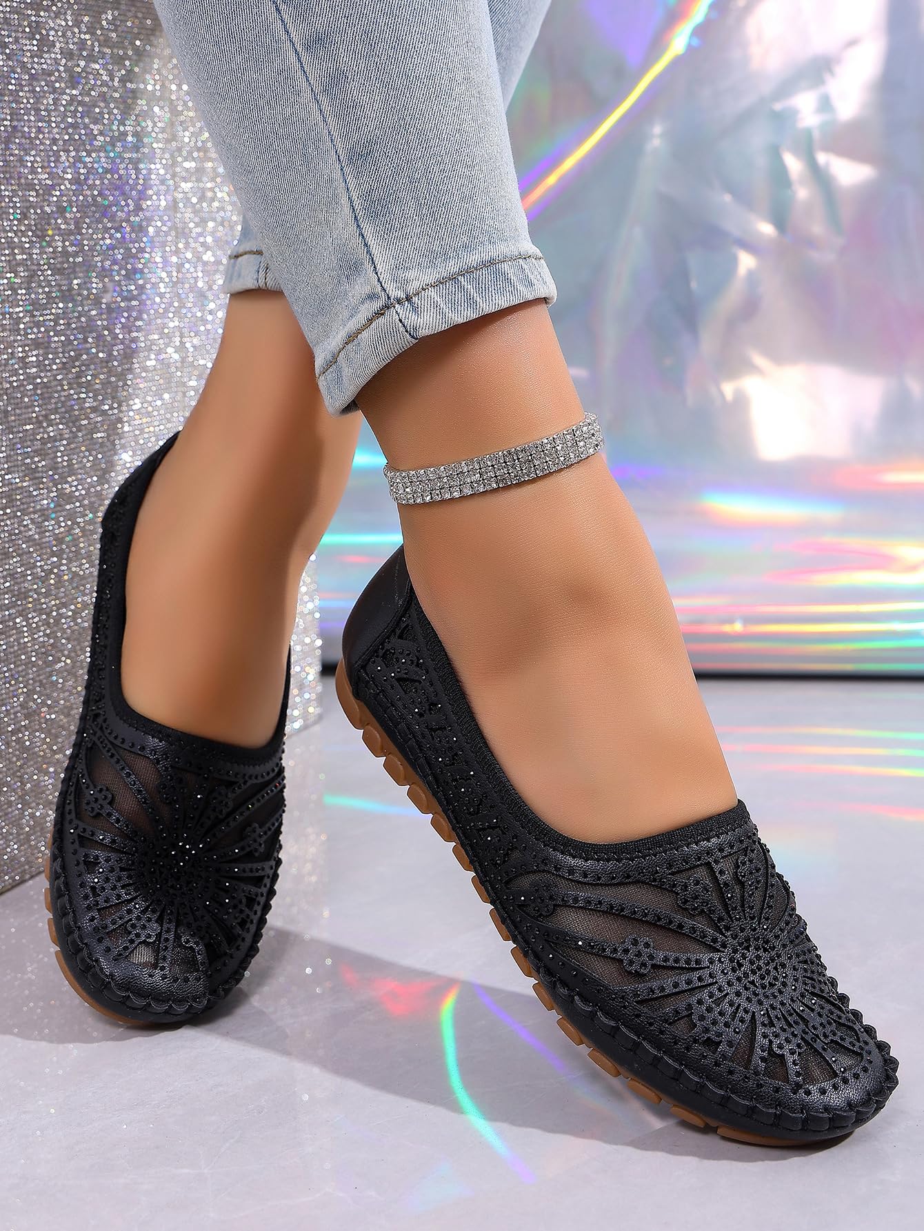 Damen-Slipper mit Strasssteinen, ausgehöhlt, atmungsaktiv, flach | Damen-Slipper mit Blumenmuster, atmungsaktiv, flach, stilvoll und leicht, orthopädische Lederschuhe, elegante Wanderschuhe