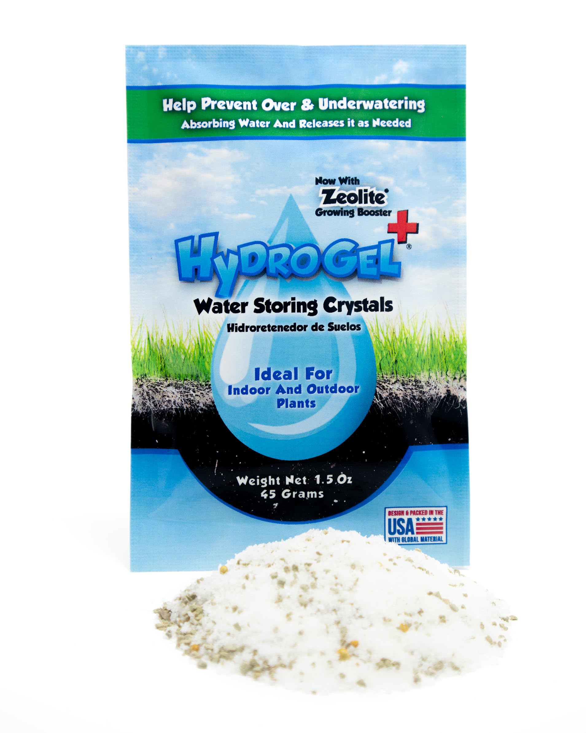 HidroGel Plus Water Storing Crystal Soil Additive Zeolite Growing Booster, 1 Pack of 1.5 Oz for 3 CuFt Soil, Moist Control Prevent Over & Underwatering, Reduce Water Stress for InOutdoor Plants