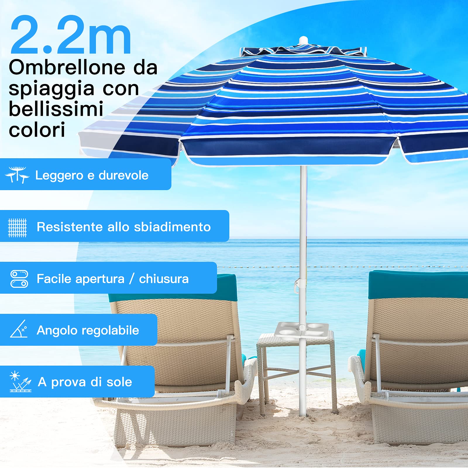 COSTWAY Ombrellone da Spiaggia 200 x 220 cm, Ombrellone da Mare con Inclinazione Regolabile, con Vassoio, 8 Stecche, Protezione UV, Impermeabile, Borsa di Trasporto (Blu Navy)
