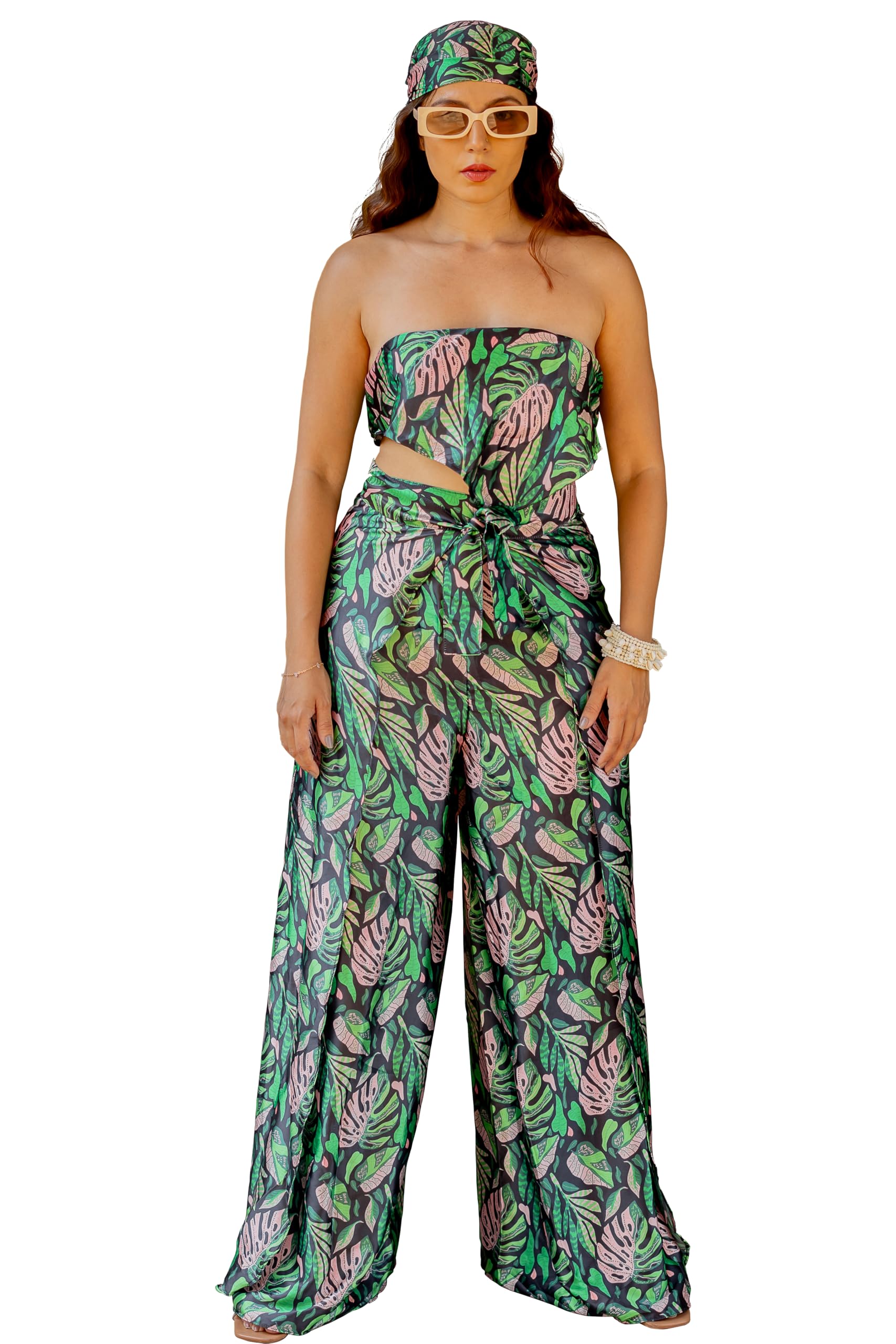 magari Women's Satin Tropical Printed Beachwear Co-Ord Scarf Top and Wrap Pant Set Coverup, Resort Vacation Wear (SCO1013-Black, Green, Light Pink-Free Size)-picture-54