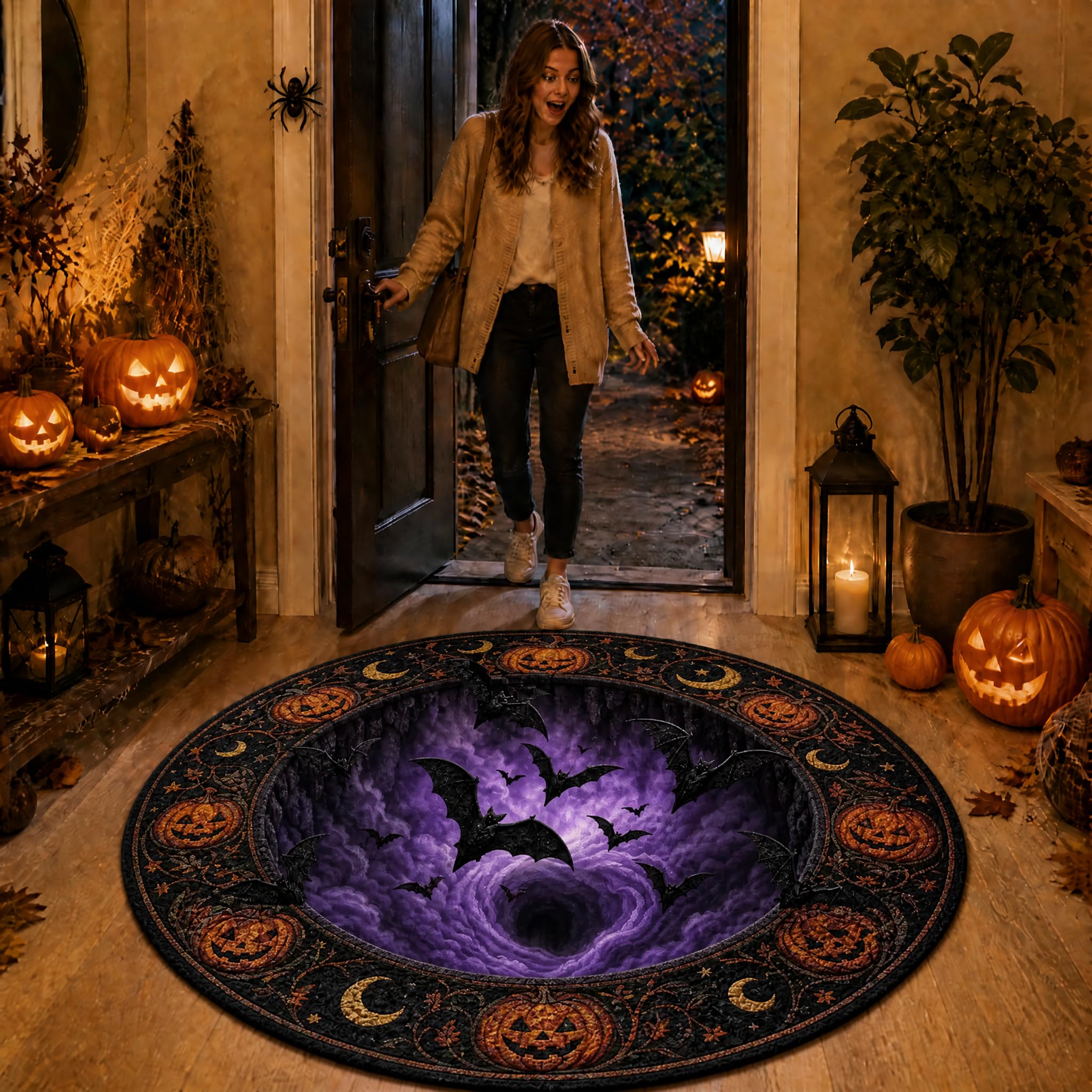 CBMZHF Halloween 3D Rug, 3DOptical Illusion Skeleton Abyss Round Area Rug, Spooky Indoor Floor Mat for Living Room Bedroom Entryway and Halloween Party Decor (80 * 80cm) (Rug-9)