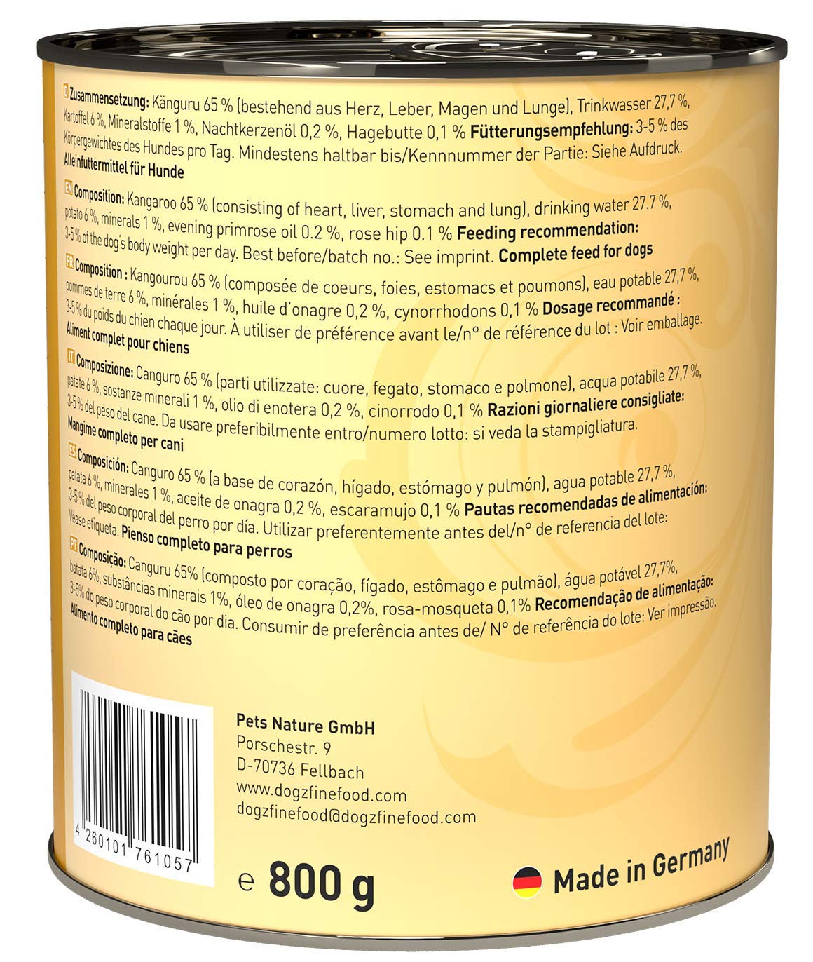Dogz Finefood Hundefutter Nass – N°6 Känguru, 6 X 800 G Dose, Getreidefrei, Hoher Fleischanteil 65%