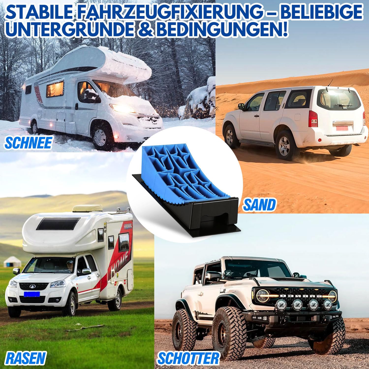 Lot de 2 cales de levage pour camping-car 13,5 t - 8 niveaux de compensation de hauteur de 2 à 10 cm - Double système antidérapant en polyéthylène haute densité - Avec tapis en caoutchouc et niveau à