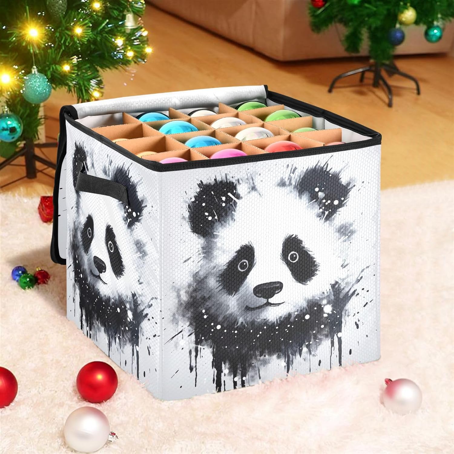 Cute Panda 13 Inch Christmas Ornament Storage Box with Lid - Holiday Decor Storage Containers, Stores 64 Ornaments, 3 Inch Cube Compartments