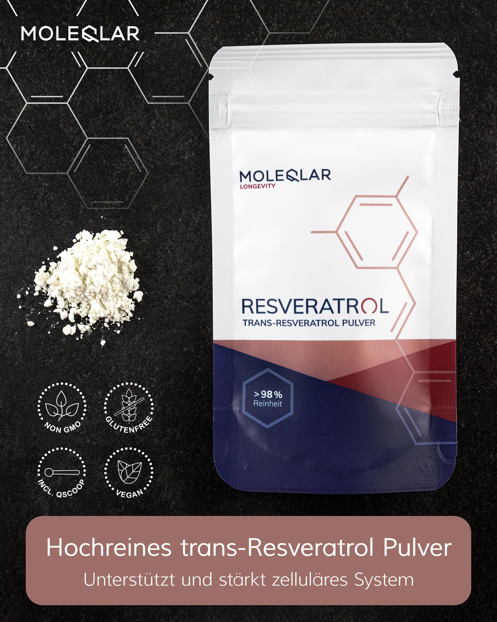MoleQlar Resveratrolo in polvere – Integratore alimentare di fermentazione innovativa del lievito – Resveratrolo 500 mg per porzione – oltre il 98% di purezza (100 g)