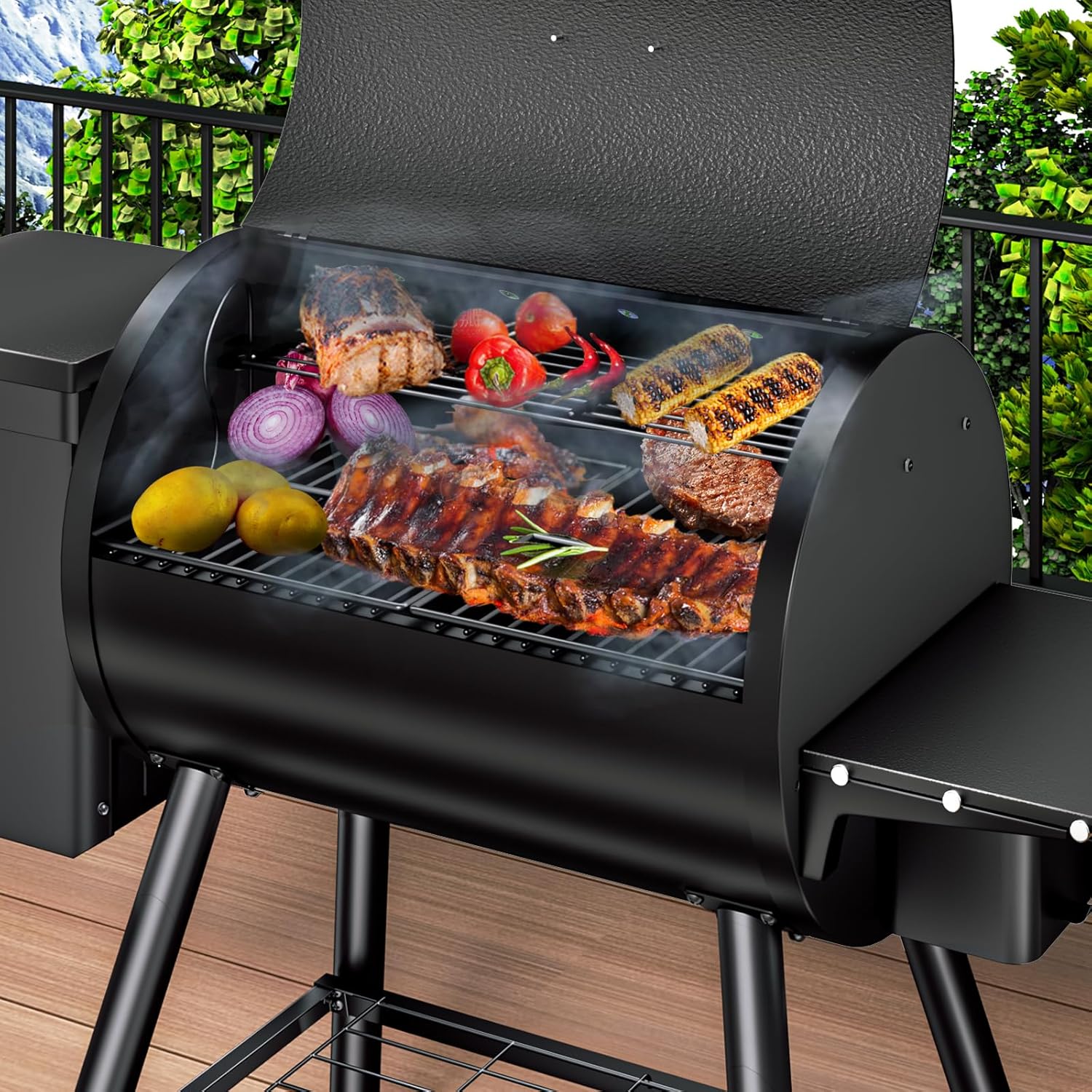 KingChii Electric Wood Pellet Grill & Smoker with Side Shelf, 456 SQ.IN Grill Capacity, with PID Temperature Control (180-425°F) for Backyard Camping Bake and Roast, Black with Cover