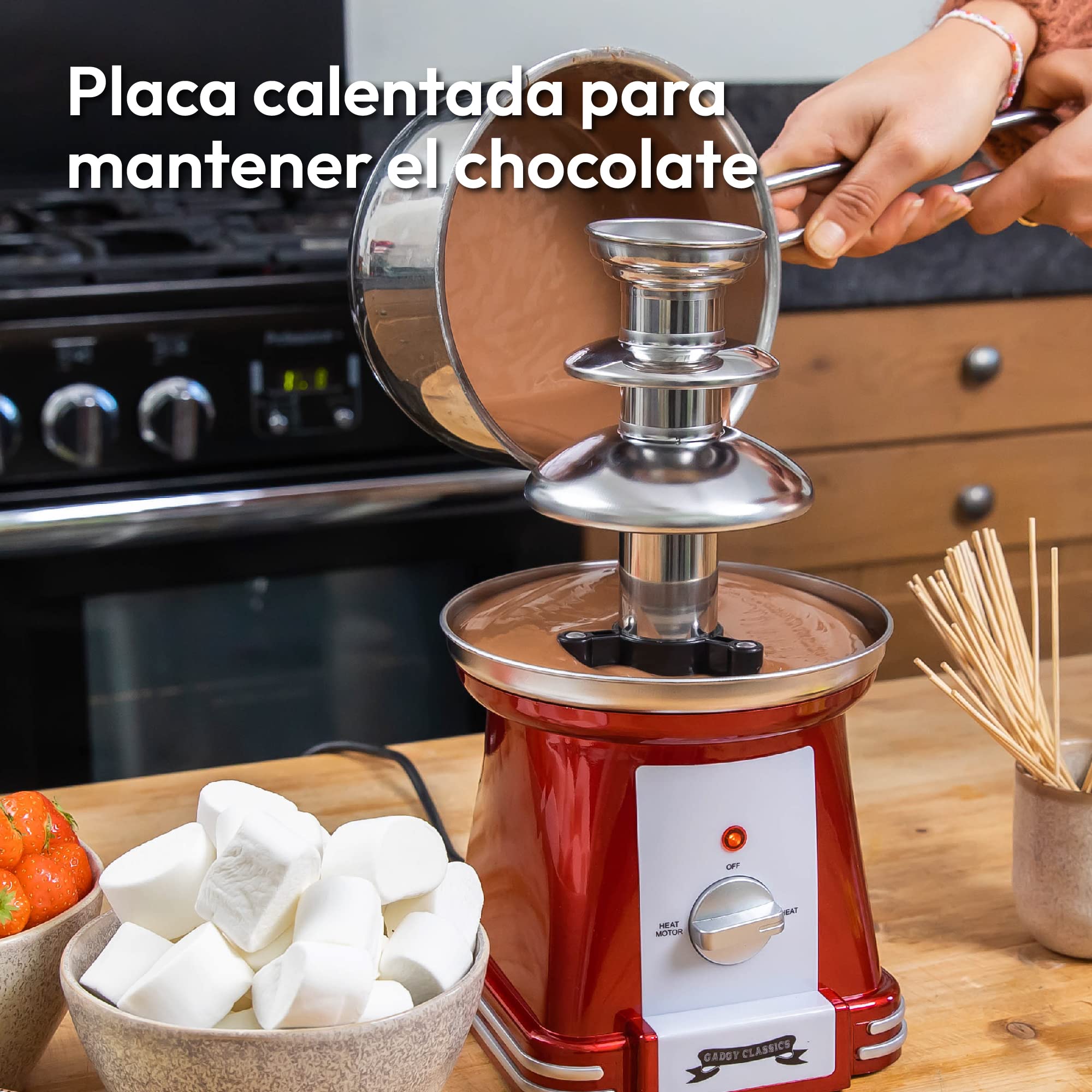 Fuente de chocolate Gadgy 3 niveles - Fuente de chocolate de acero inoxidable - Fuente de chocolate aspecto retro - Fondue de chocolate 90 Watt - Fuente de chocolate Rojo