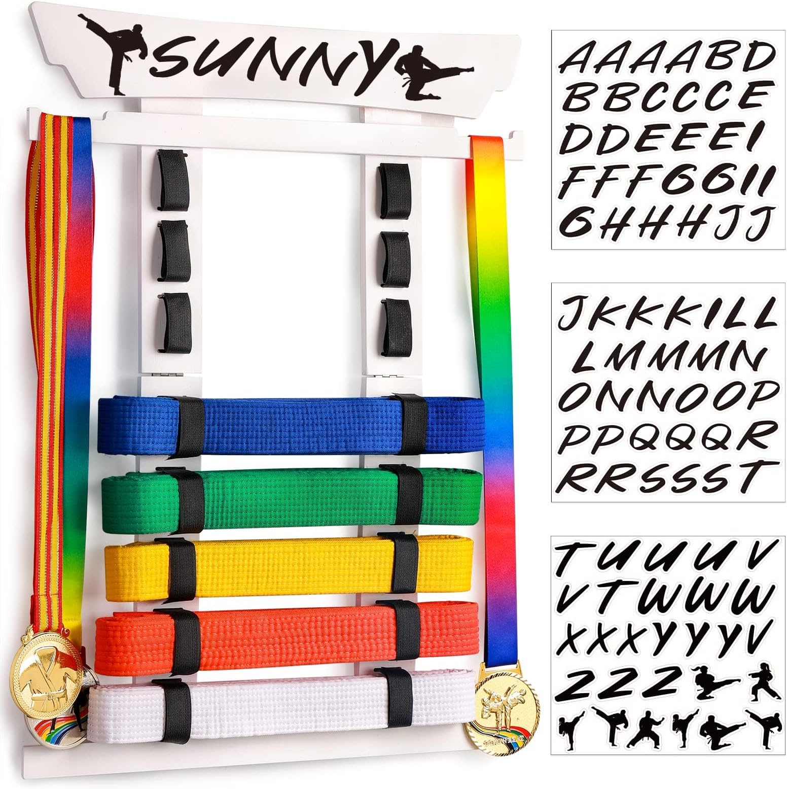 Tilhumt 8 Belts Karate Belt Display Rack with Medal Hanger and Stickers, Taekwondo Belt Display Holder, Martial Arts Belt Display Organizer for Kids and Adults, No Assembly Required