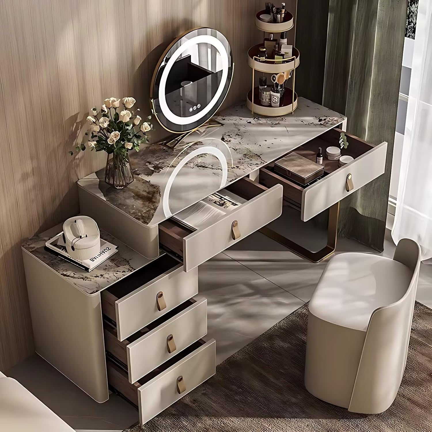 Vanity Desk - Makeup Desk with 5 Drawers and Smart LED Mirror, Leather, Solid Wood Vanity Table Include Rock Slab Desktop & Makeup Chair for Bedroom (Beige,Left Side Cabinet,47'')