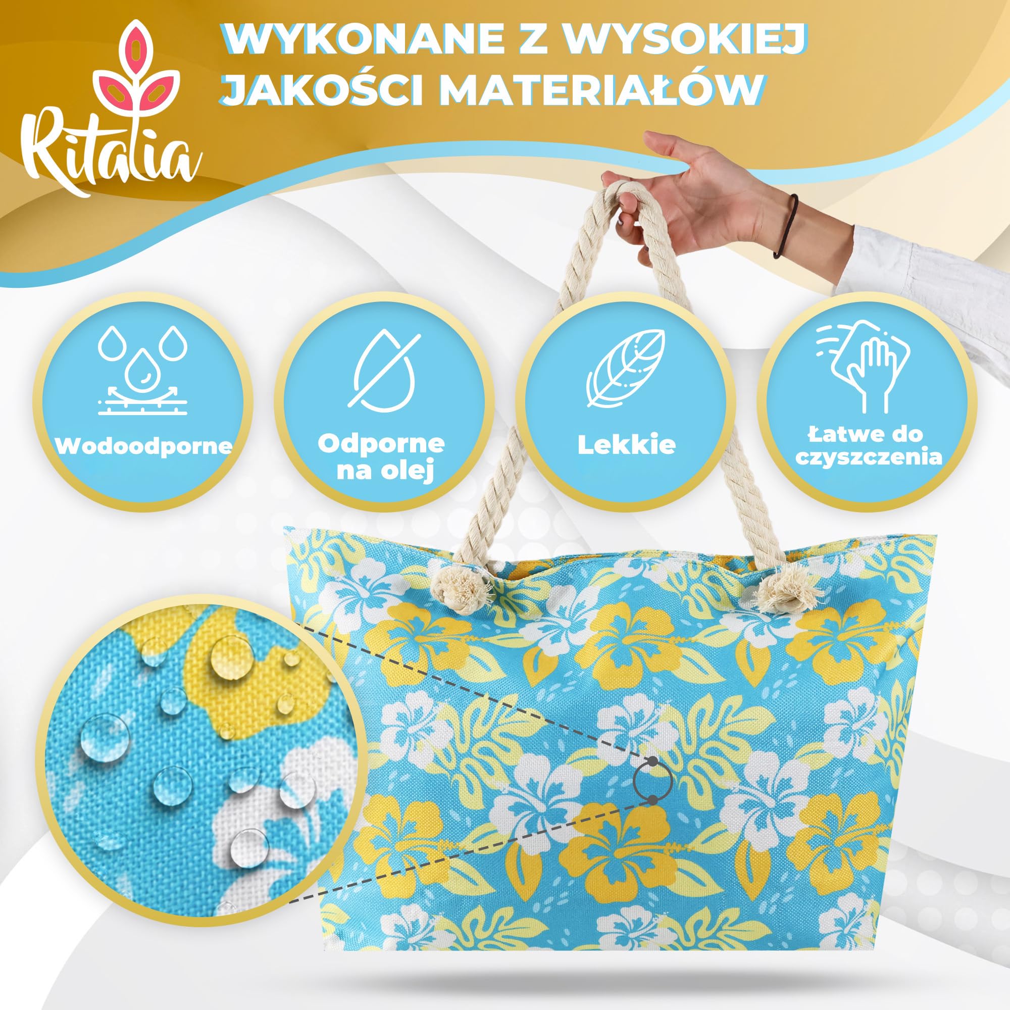 Ritalia® Duża torba plażowa XXL dla rodzin | Damskie torby plażowe i torba na basen | Wodoodporna torba plażowa z zamkiem błyskawicznym | Damski kosz plażowy | Rodzinny worek plażowy