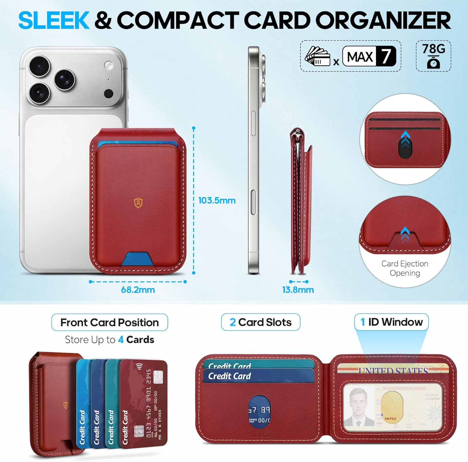 SHIELDON Genuine Leather Strong Magnetic Card Holder for MagSafe, Phone Wallet Stand, Angle Adjustment RFID Blocking 6 Cards Magnet Wallet Compatible with iPhone 17/16/15/14/13/12 Series - Red - Image 3