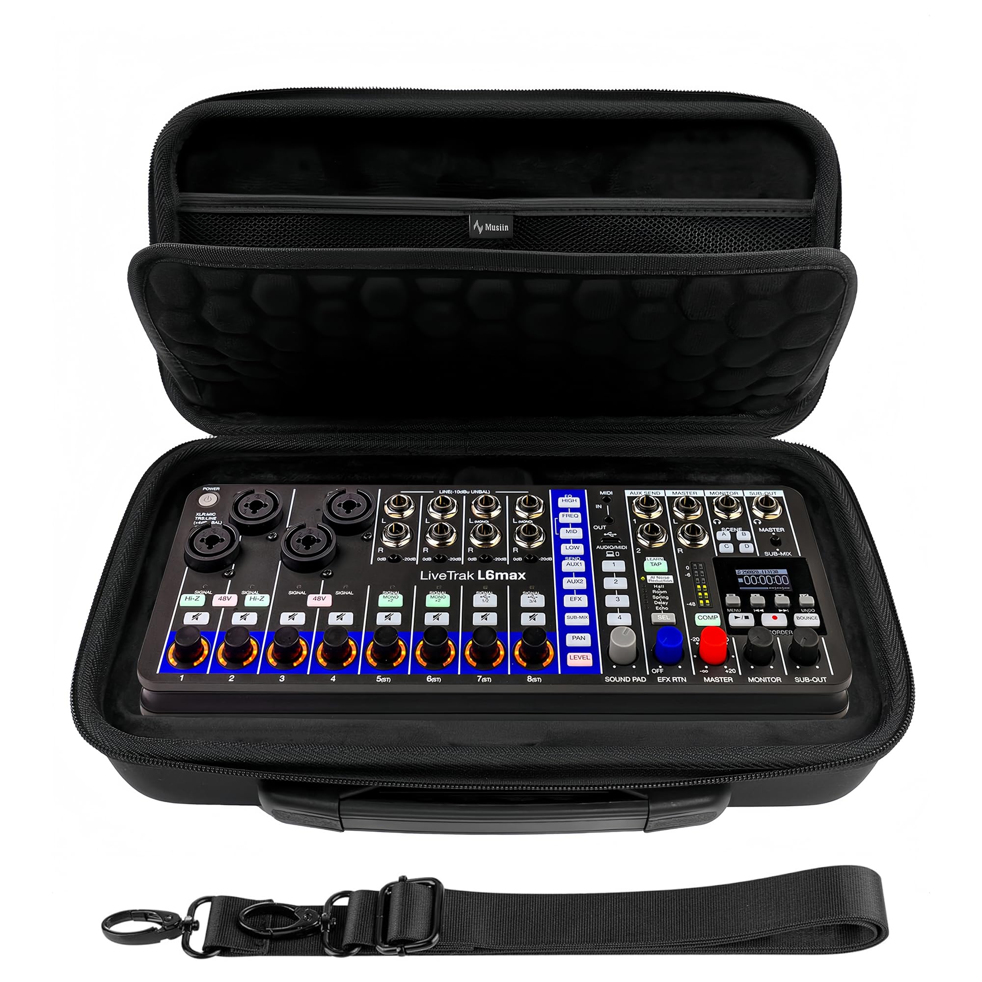 Musiin Custodia per mixer audio compatibile con Zoom Live Trak L6 MAX, interni personalizzati, design a doppia cerniera, tasca superiore in rete, maniglia e tracolla, per studio, viaggi e spettacoli