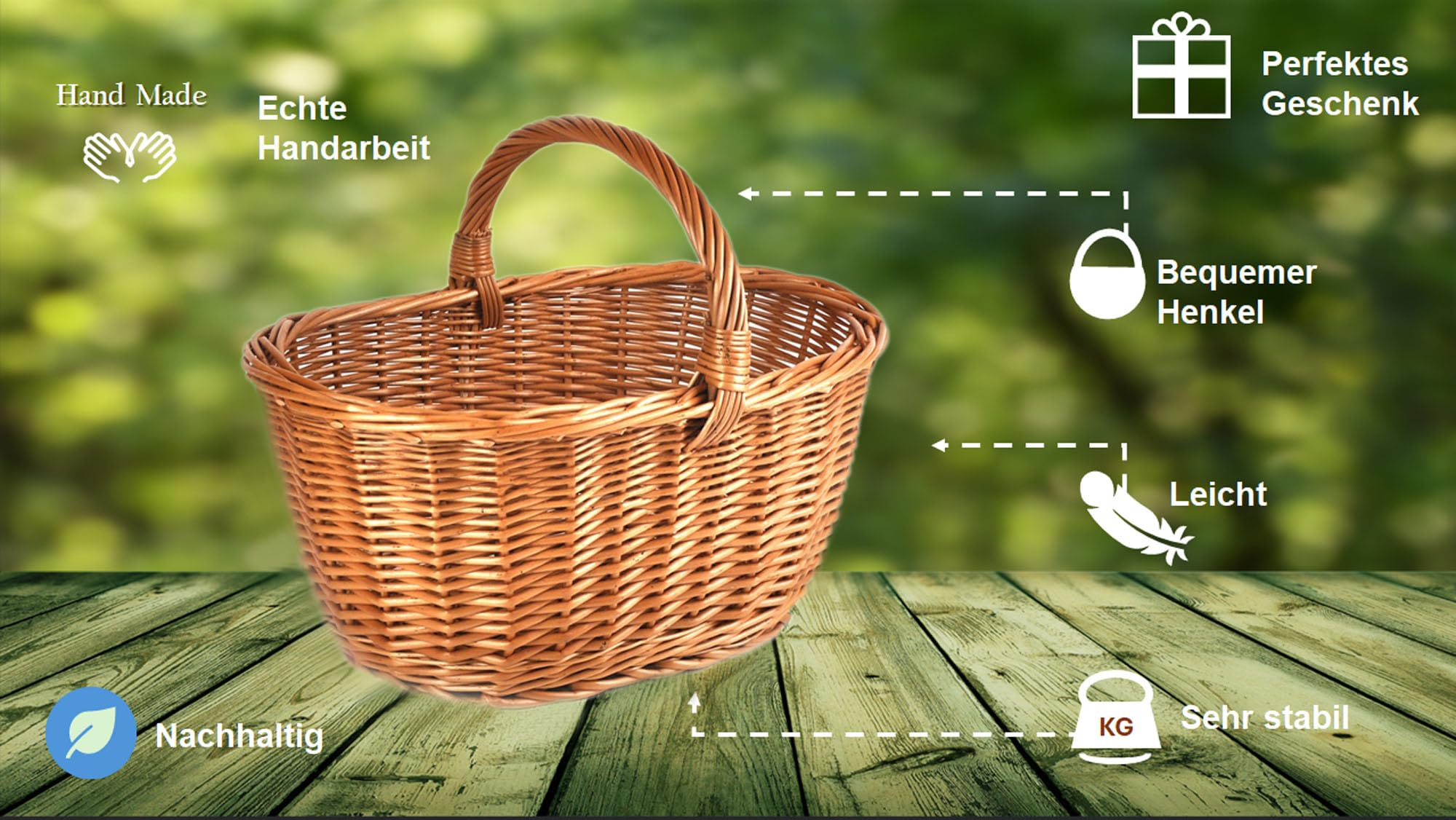 Panier PM24 solide et tressé en osier - K1-113 - Largeur : 50 cm - Profondeur : 33 cm - Hauteur : 25 à 35 cm