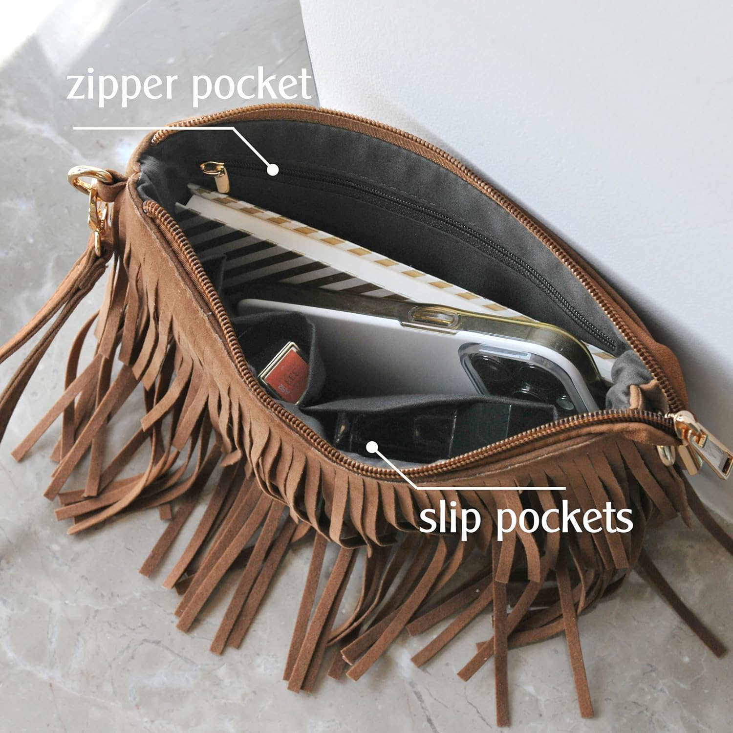 HOXIS Fringe Cross Body Bag Womens Small Shoulder Bag Top Zip Wristlet - Image 5