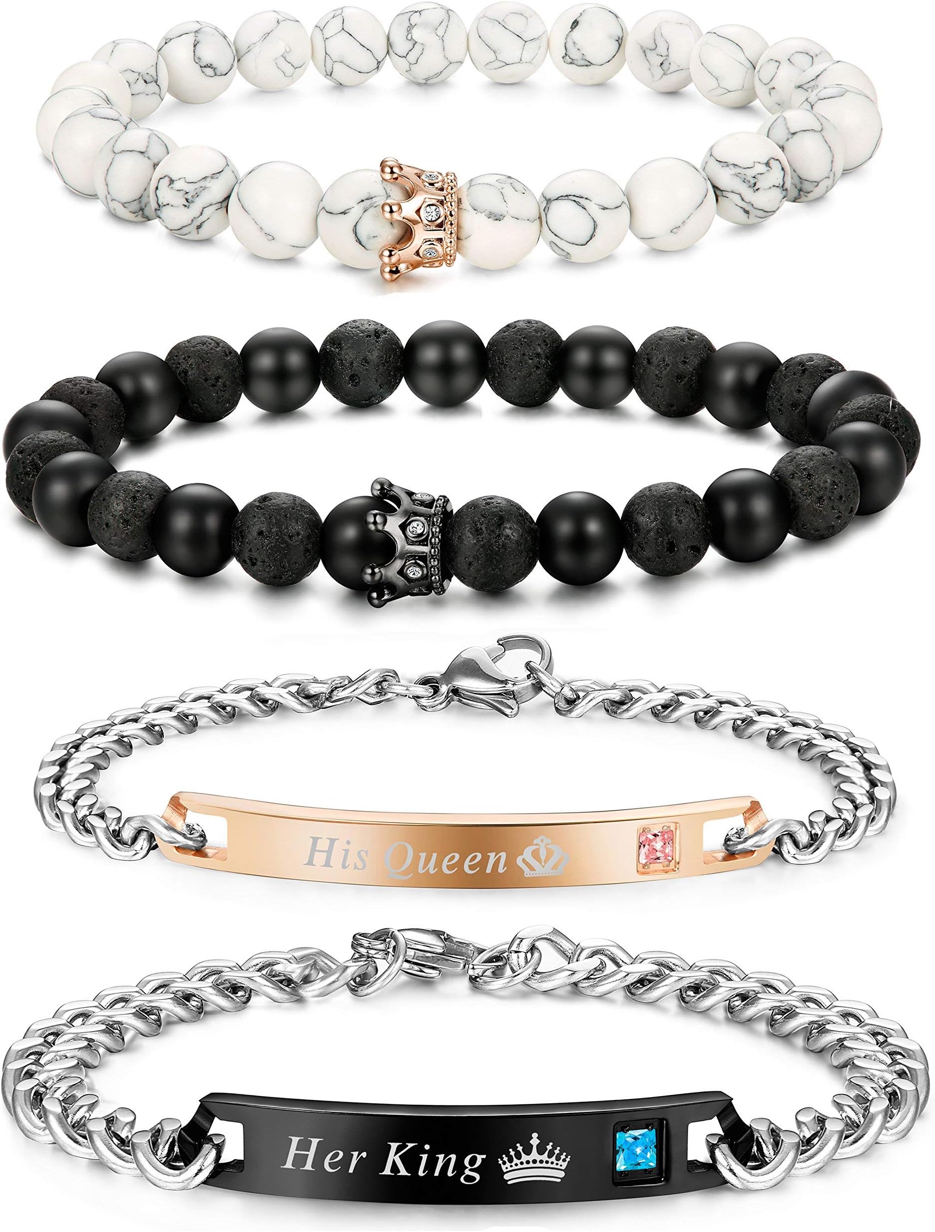 Couple Bracelet, Ladies Men s Matching Magnetic Crown Queen Bracelet Beads Natural Stone Beads Couple Beads Suitable for Gifts 4Pcs