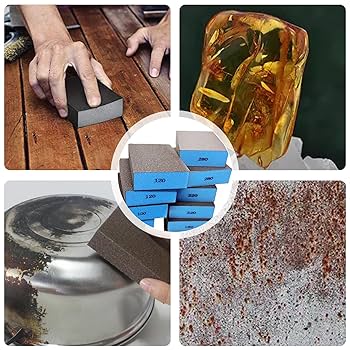 Kit 6 Spugne Abrasive Con Grana 60/80/100/120/180/220 - Lavabili E Riutilizzabili Per Legno, Metallo, Vernice E Pareti - Dimensioni 7x10x2.5cm