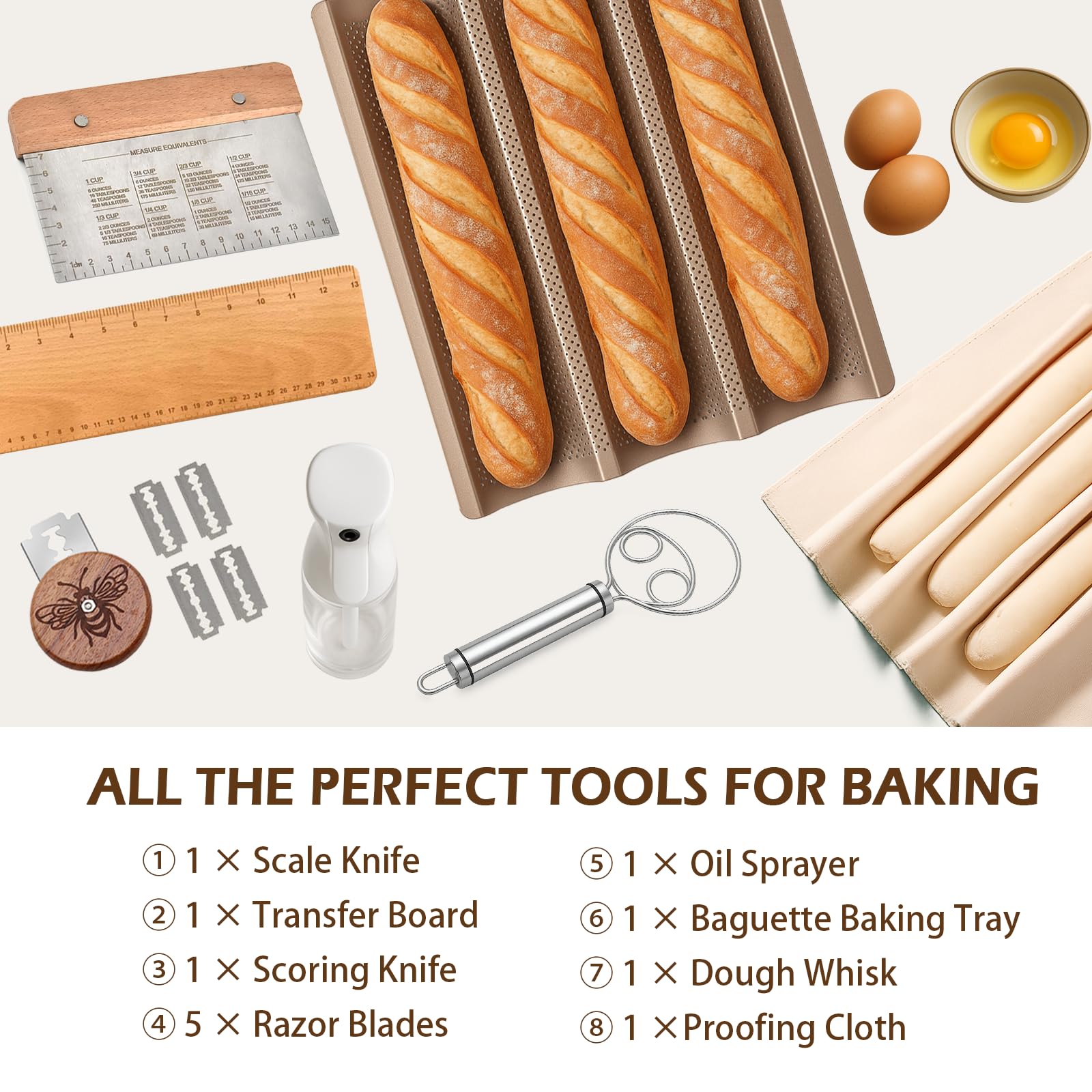 12 Sets Baguette Bread Pan, Gold French Baguette,Non-Stick Sourdough Baguette Bread Making Molds with Proofing Cloth,Used for Kitchen Bread Baking Kit