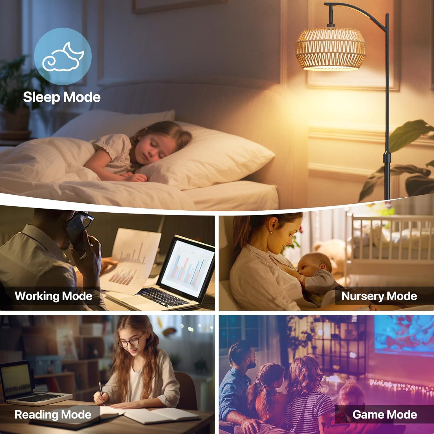 Arc Floor Lamps for Living Room with 3 Color Temperatures, Boho Farmhouse Floor Lamp with Remote & Dimmable RGB Bulb, Standing Lamp with Rattan & Fabric Shades, Adjustable Tall Lamp for Bedroom Office