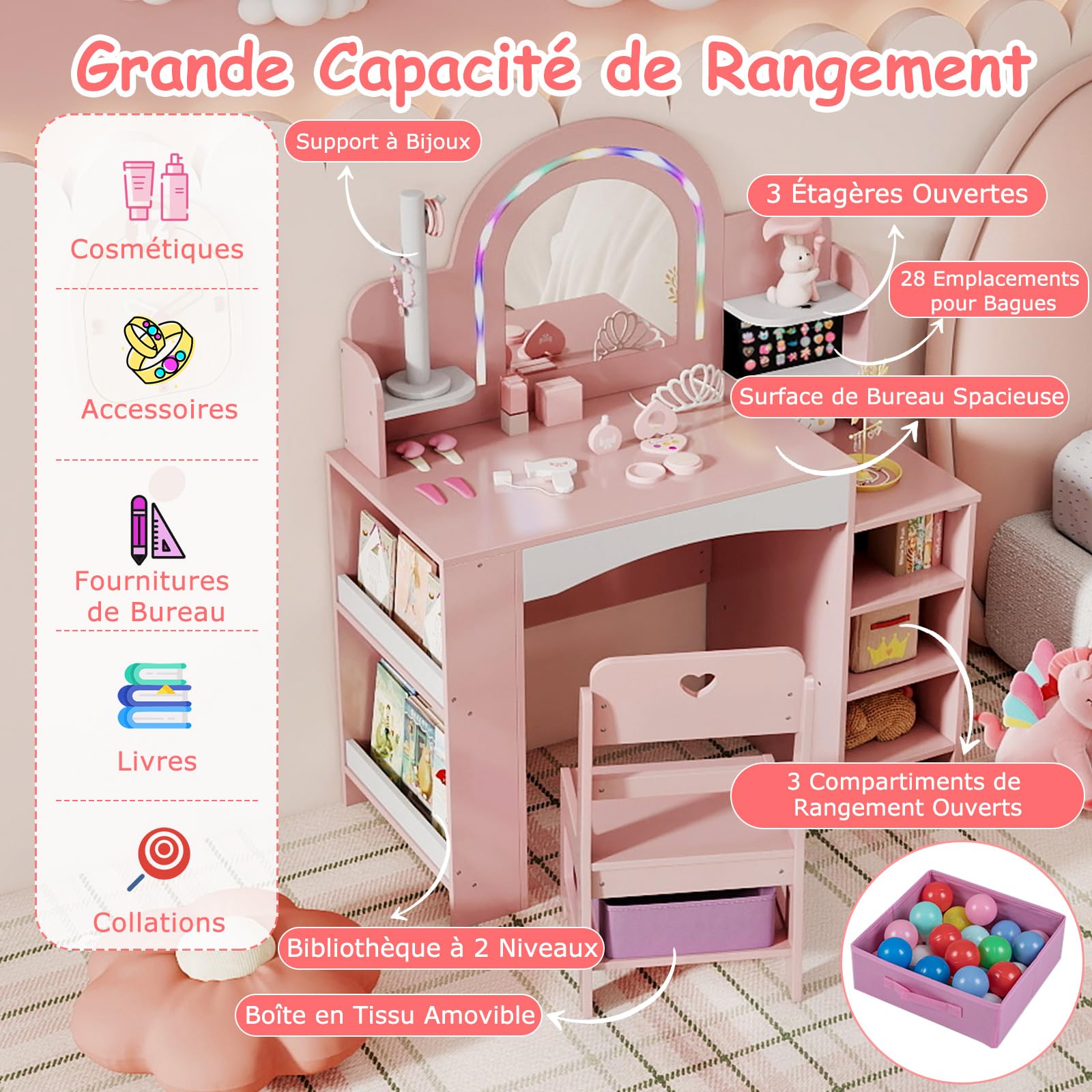 COSTWAY Coiffeuse Enfants Fille avec Chaise & Miroir Éclairé, Bureau Enfant Fille avec Bibliothèque & Étagères Ouvertes & Support pour Bijoux, Dispositif Anti-basculement pour 3 Ans+ (Rose)