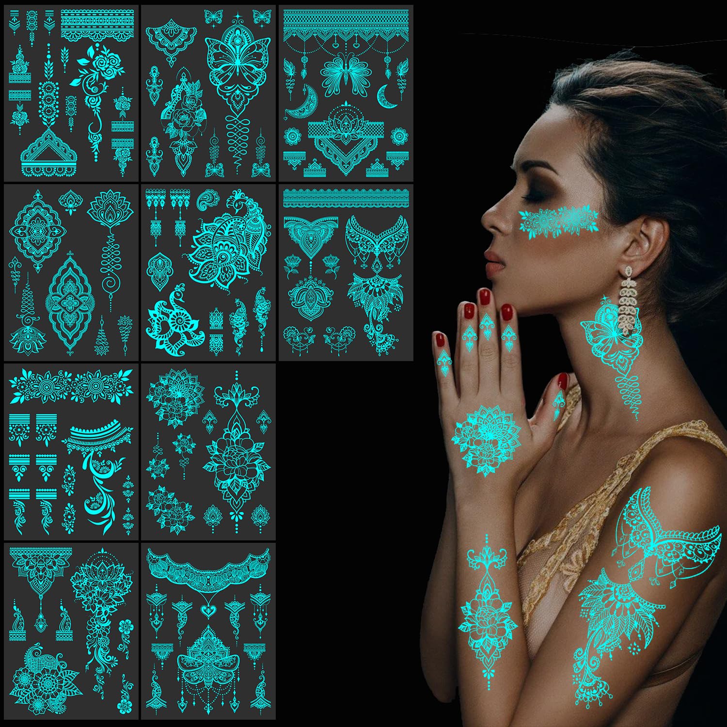 DPKOW Blue Luminous Temporary Tattoo, 10pcs Glow-in-the-Dark Mandala Flower Lace Stickers for Women and Girls' Hand, Arm - Image 4