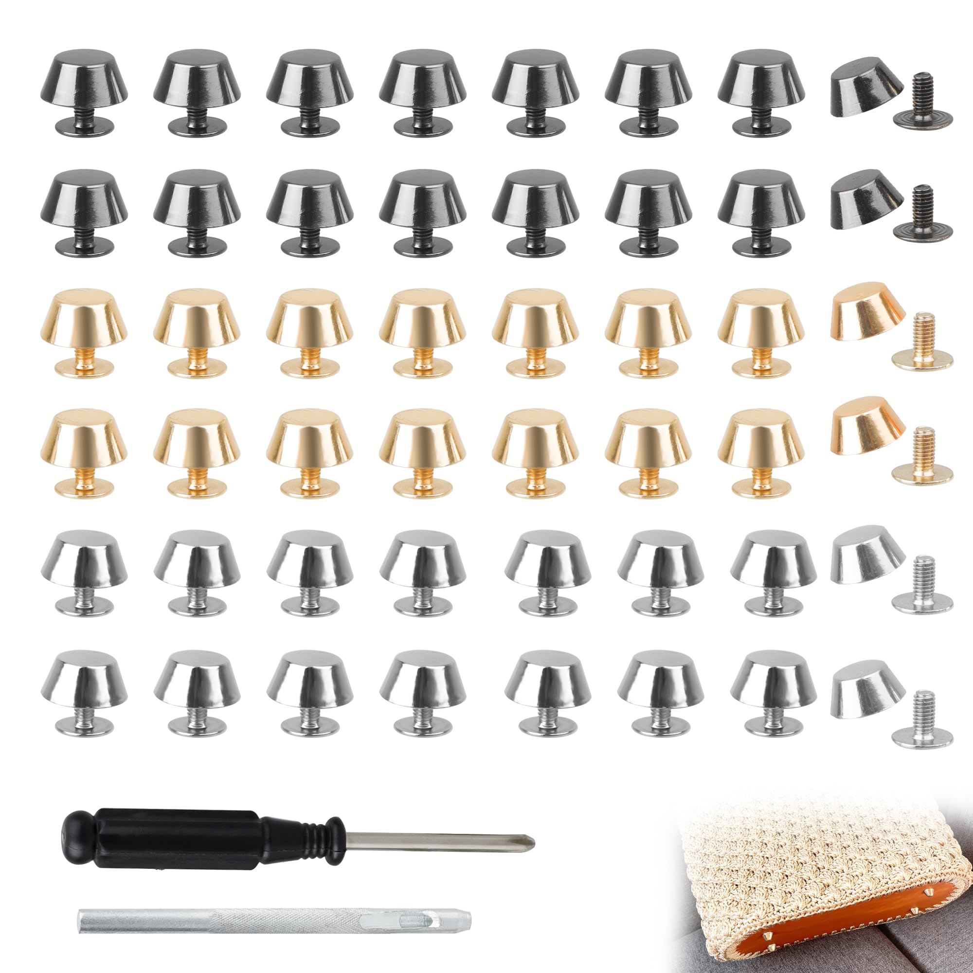 DesertBoy 62 Pezzi Piedini per Borse,Piedi Borchie,borchie decorative con Cacciavite e punzoni cavi per borse e produzione fai da te (nero, oro, argento)