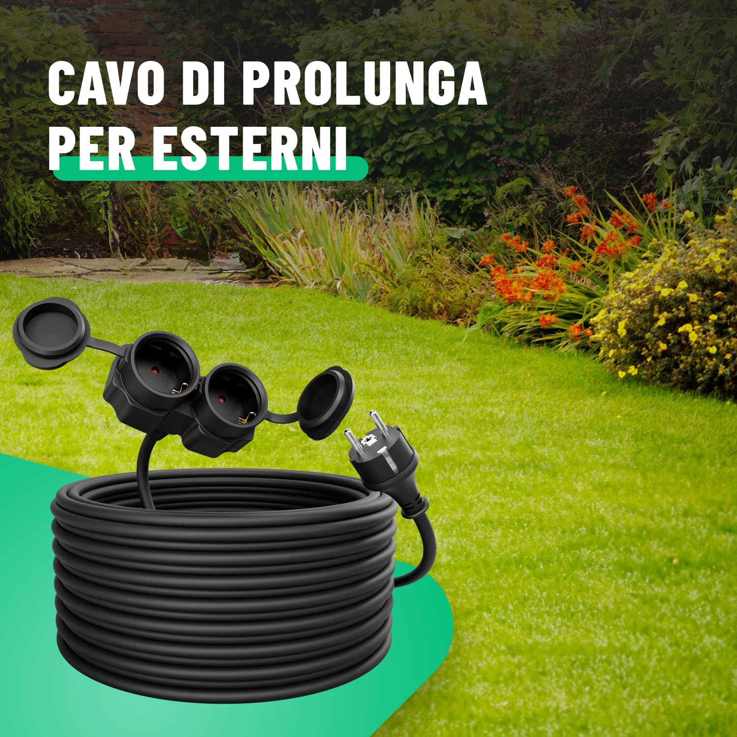 greate Prolunga elettrica da 20 metri con 2 prese - Spina elettrica impermeabile IP44 per estern - Presa shuko 3500W - Prolunghe elettriche, cavo prolunga elettrica, prolunga 16A
