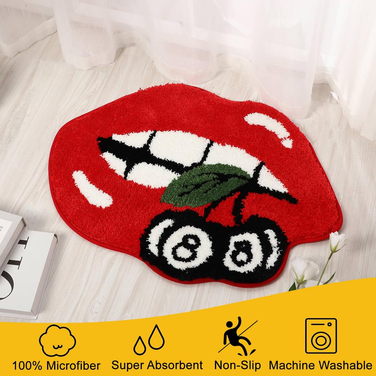Red Lips Bathroom Rug - Lips Shaped 8 Ball Tufted Bath Mat Non-Slip, Soft Absorbent Washable Rug for Bathroom, Sexy Red Lips Billiards Bath Rug for Shower, Unique Gift
