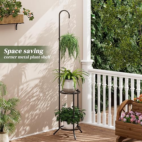 Miniatura 3 de Soporte para plantas colgante de 2 niveles para interiores y exteriores, estante de hierro que ahorra espacio, soporte para 3 macetas, soporte para