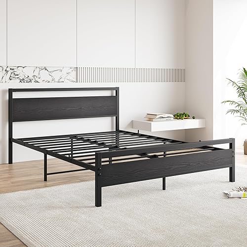 Miniatura 5 de BOFENG Marco de cama negro tamaño Queen con cabecera de madera, plataforma resistente, tamaño Queen, no necesita somier, colchón de colchón, soporte