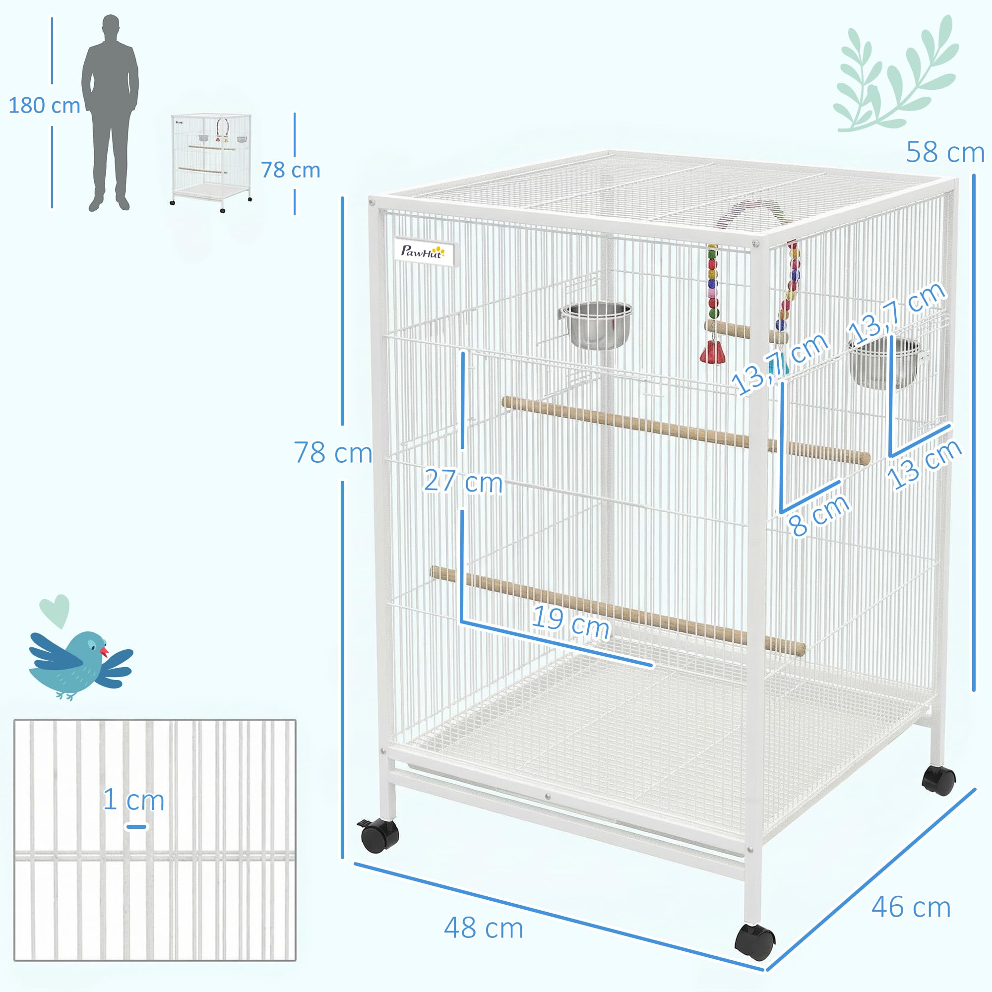 PawHut Jaula para Pájaros con Ruedas, Pajarera de Acero con Perchas, Columpio Bandeja Extraíble y Cuencos de Acero Inoxidable, Jaula Grande para Loros, Canario, Periquito, 48x46x78 cm, Blanco