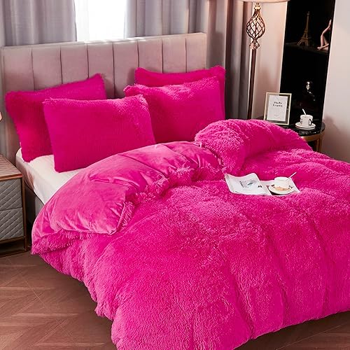 Miniatura 3 de WERDIM Juego de funda de edredón de pelo sintético lanudo y esponjoso con cierre de botón, juego de ropa de cama aterciopelada con fundas de