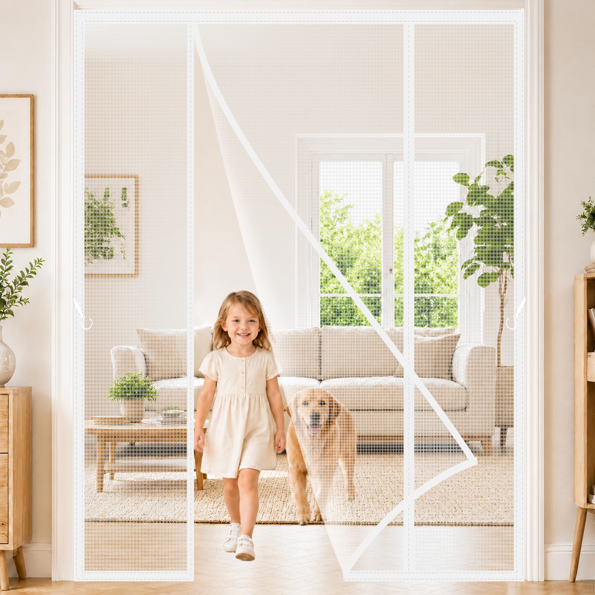 Magnetic Fly Screens for Double Doors White 250x215cm Double Door Mesh Bugs Mosquitoes Insects Door Partition with Bottom Weight Bar Wide Magnetic Fly Screen for Patio