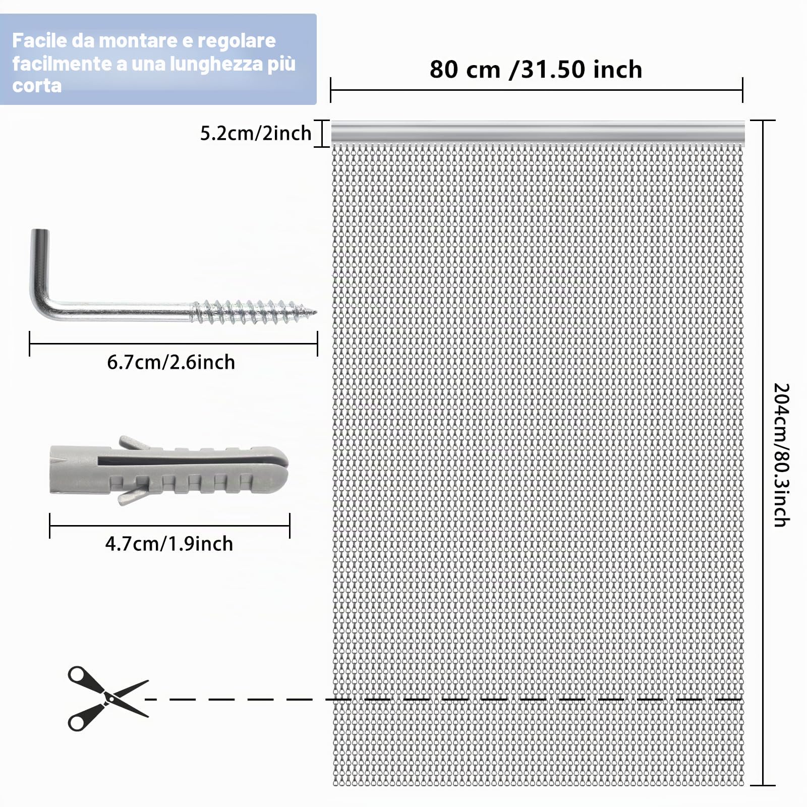 VerRich Tenda in alluminio a catena grigio scuro, 80 x 200 cm, tenda antiinsetti per porta, tenda metallica per mosche e insetti