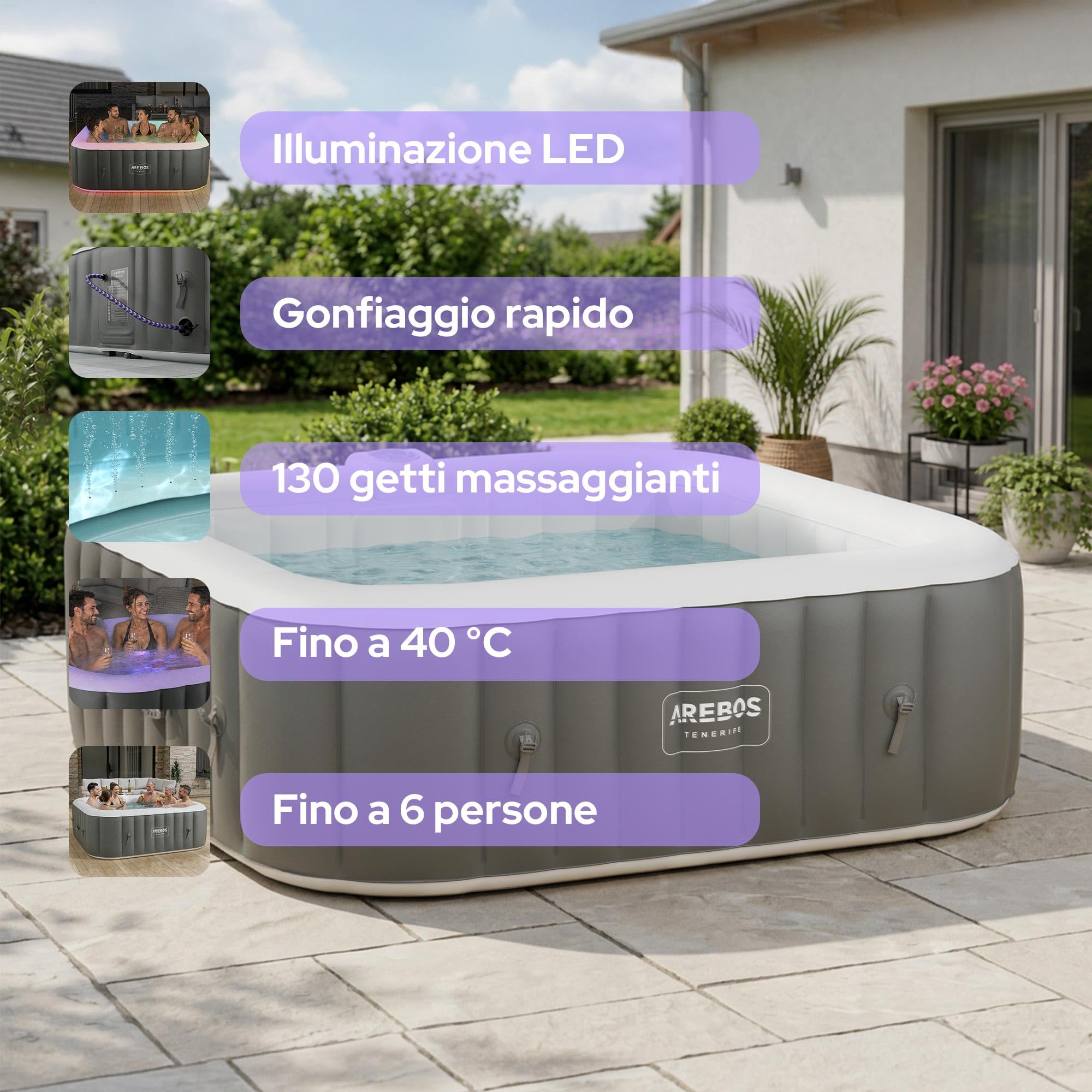 Arebos Vasca idromassaggio gonfiabile | 185x185cm | Gonfiabile automatico | 6 persone | striscia luminosa LED | 130 getti massaggianti | 910 litri | incl. copertura | Bubble Spa & Wellness Massaggio