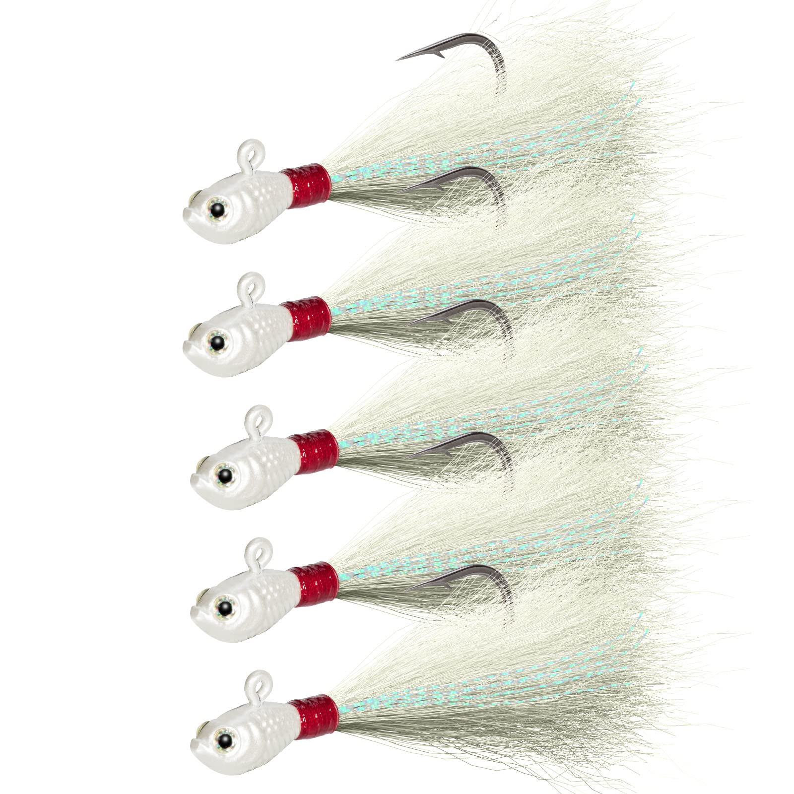 Alwonder 5-Pack Bucktail Jigs Hair Jigs Saltwater Freshwater Fishing Bucktail Lures Surf Fishing Jig Heads White Luminous Chartreuse Swimbait Jig for Bass Flounder Striper Bluefish Halibut Redfish