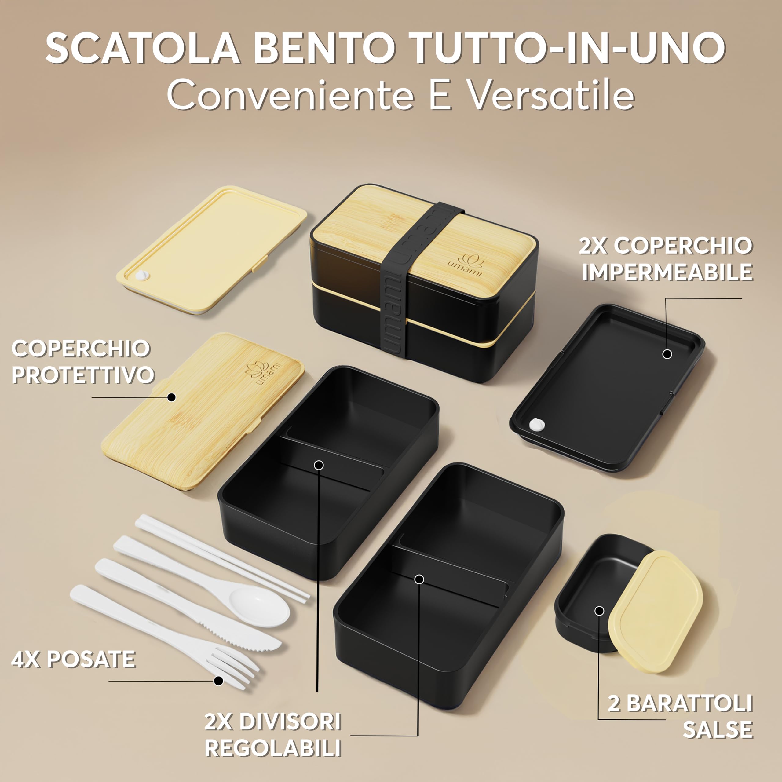 Umami Porta Pranzo Lunch Box Ermetico 4 Scomparti e Posate, Sicuro per Microonde, Lavastoviglie, Portapranzo Ufficio Bento Lunchbox Prova di Perdite per Adulti Schiscetta Pranzo, Nero E Beige, 1200 ml