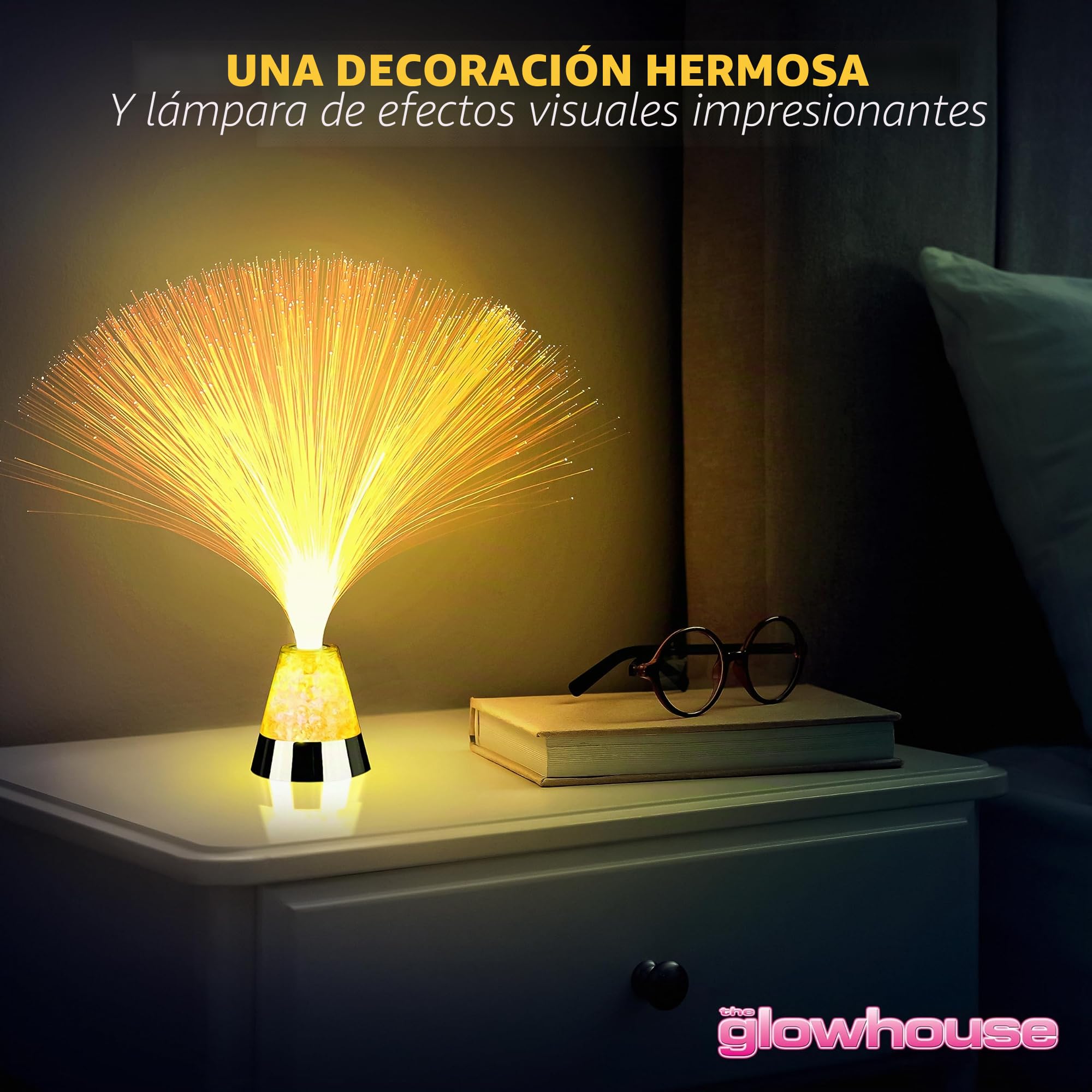 The Glowhouse Brand - Lámpara de fibra óptica cambiante (base de cristal, 33,02 cm, incluye pilas)