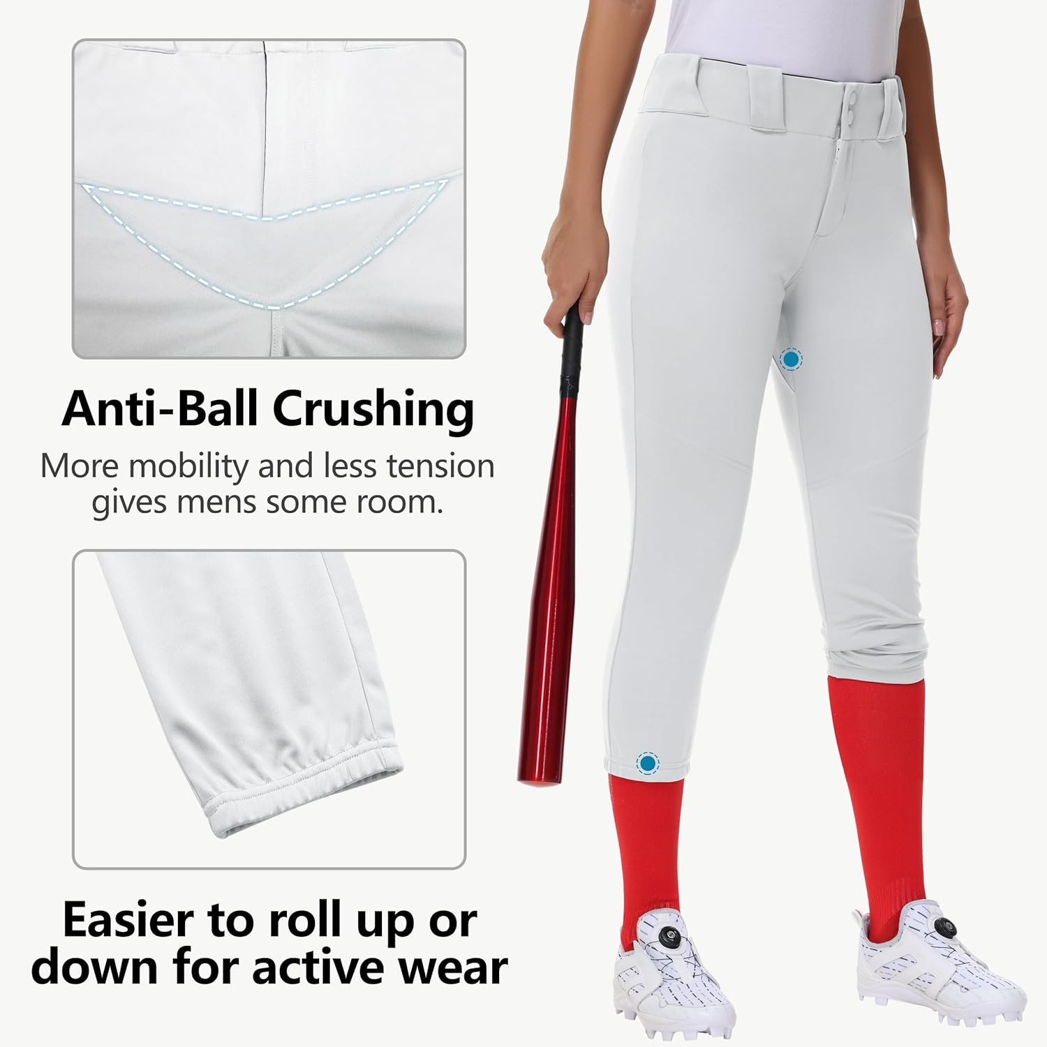 Women's Utility Softball Pants - Woman Adult Tweeners Low Rise 3/4 Leg Track Pants Dual-Layer Knee Youth Girls - Image 3
