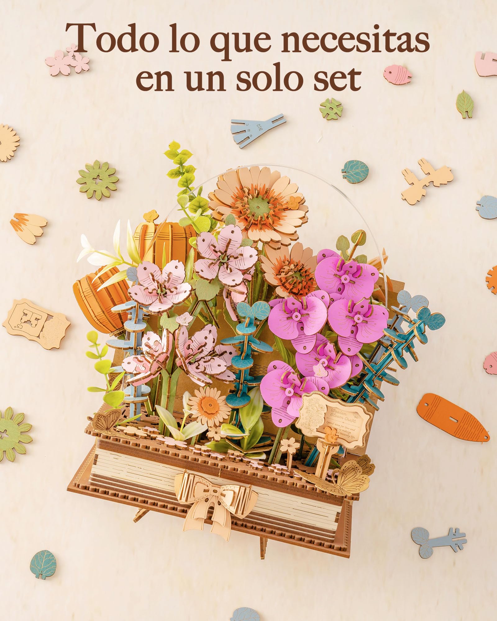ROWOOD Rompecabezas de madera 3D con flores, libro de floración, ramo de flores DIY, kit de manualidades creativas para adultos, rompecabezas de flores de madera decorativas, regalo para mujeres y